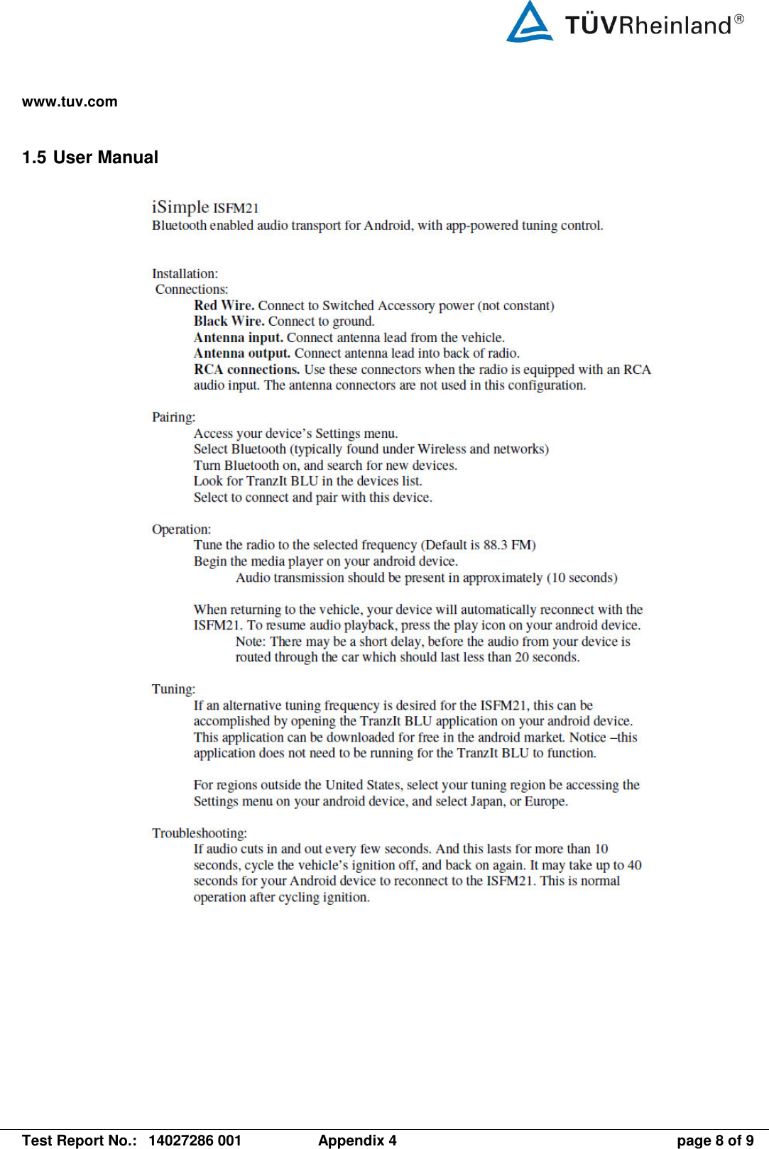 www.tuv.com   Test Report No.:  14027286 001  Appendix 4  page 8 of 9 1.5 User Manual    