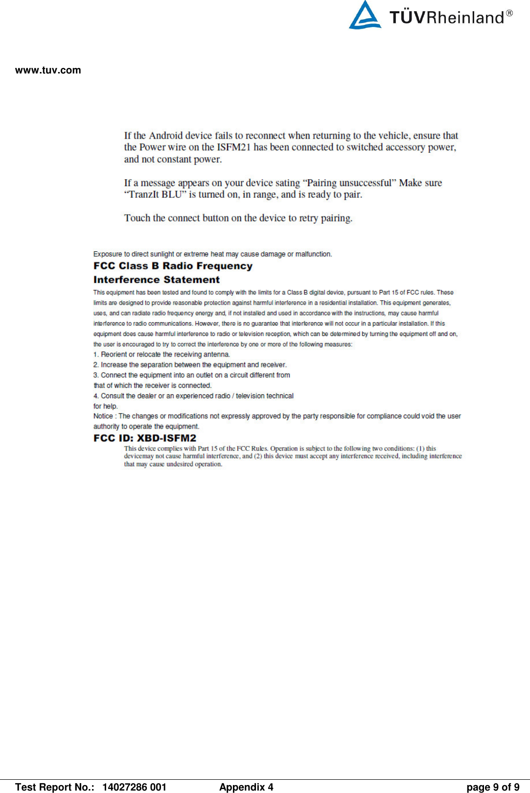 www.tuv.com   Test Report No.:  14027286 001  Appendix 4  page 9 of 9   