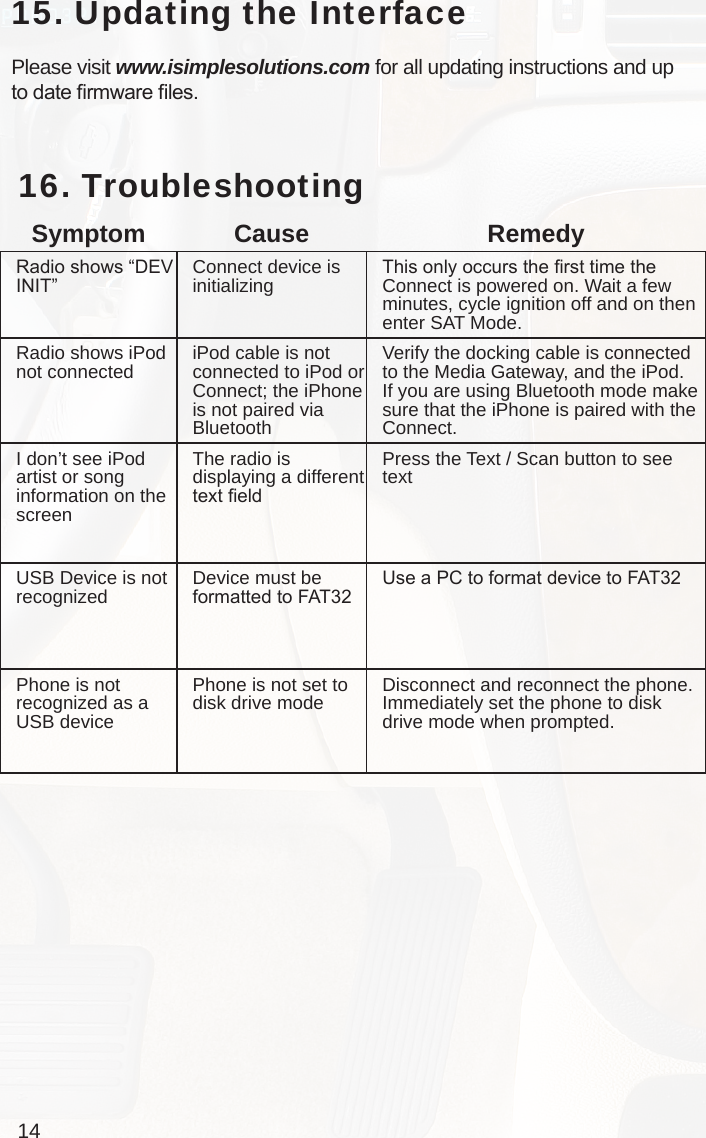 14Symptom Cause RemedyRadio shows “DEV INIT”  Connect device is initializing This only occurs the rst time the Connect is powered on. Wait a few minutes, cycle ignition off and on then enter SAT Mode.Radio shows iPod not connected iPod cable is not connected to iPod or Connect; the iPhone is not paired via Bluetooth Verify the docking cable is connected to the Media Gateway, and the iPod. If you are using Bluetooth mode make sure that the iPhone is paired with the Connect.I don’t see iPod artist or song information on the screenThe radio is displaying a different text eldPress the Text / Scan button to see textUSB Device is not recognized Device must be formatted to FAT32Use a PC to format device to FAT32Phone is not recognized as a USB devicePhone is not set to disk drive mode Disconnect and reconnect the phone. Immediately set the phone to disk drive mode when prompted. 16.   Troubleshooting15. Updating the InterfacePlease visit www.isimplesolutions.com for all updating instructions and up to date rmware les.