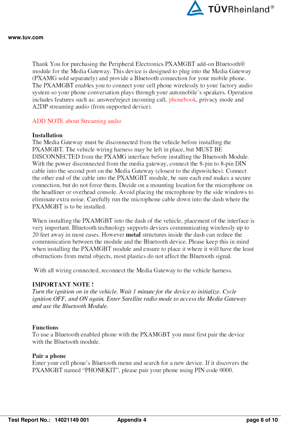 www.tuv.com   Test Report No.:  14021149 001  Appendix 4  page 8 of 10        