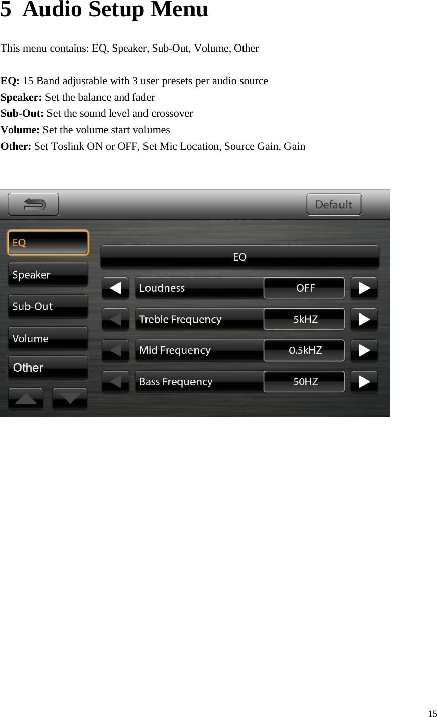 15   5 Audio Setup Menu  This menu contains: EQ, Speaker, Sub-Out, Volume, Other  EQ: 15 Band adjustable with 3 user presets per audio source Speaker: Set the balance and fader Sub-Out: Set the sound level and crossover Volume: Set the volume start volumes  Other: Set Toslink ON or OFF, Set Mic Location, Source Gain, Gain   