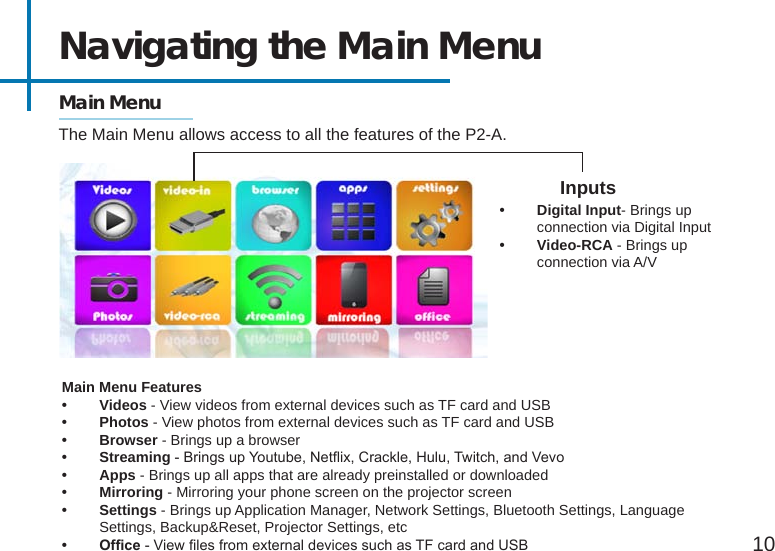 Navigating the Main Menu 10Main MenuThe Main Menu allows access to all the features of the P2-A.Main Menu Features• Videos - View videos from external devices such as TF card and USB• Photos - View photos from external devices such as TF card and USB• Browser - Brings up a browser• Streaming - Brings up Youtube, Netix, Crackle, Hulu, Twitch, and Vevo• Apps - Brings up all apps that are already preinstalled or downloaded• Mirroring - Mirroring your phone screen on the projector screen• Settings - Brings up Application Manager, Network Settings, Bluetooth Settings, Language Settings, Backup&amp;Reset, Projector Settings, etc• Ofce- View les from external devices such as TF card and USB• Digital Input- Brings up connection via Digital Input• Video-RCA - Brings up connection via A/VInputs 