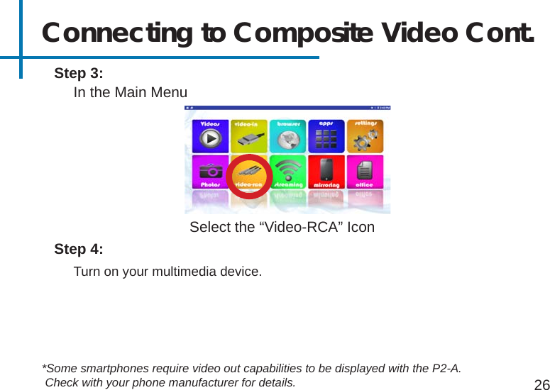Connecting to Composite Video Cont.*Some smartphones require video out capabilities to be displayed with the P2-A. Check with your phone manufacturer for details. 26In the Main Menu Turn on your multimedia device.Select the “Video-RCA” IconStep 3:Step 4:
