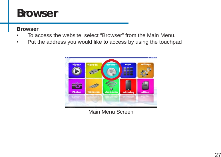 Browser•  To access the website, select “Browser” from the Main Menu.•  Put the address you would like to access by using the touchpadBrowser27Main Menu Screen
