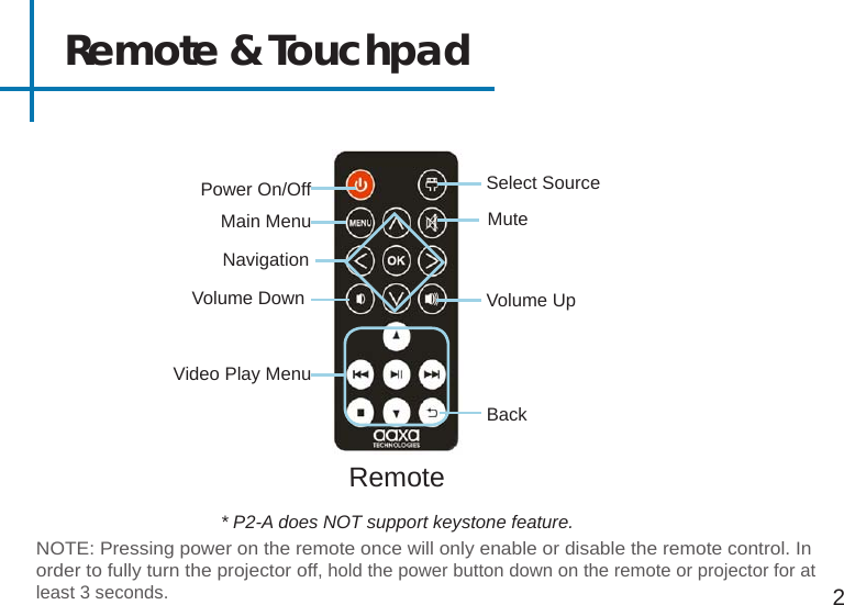 Remote &amp; Touchpad2NOTE: Pressing power on the remote once will only enable or disable the remote control. In order to fully turn the projector off, hold the power button down on the remote or projector for at least 3 seconds. Power On/OffSelect Source      NavigationVolume UpVolume DownRemoteBackMuteMain MenuVideo Play Menu* P2-A does NOT support keystone feature.