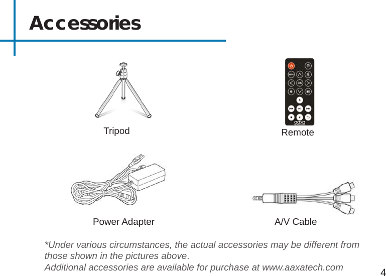 Accessories4*Under various circumstances, the actual accessories may be different from those shown in the pictures above.Additional accessories are available for purchase at www.aaxatech.comTripod RemotePower Adapter A/V Cable