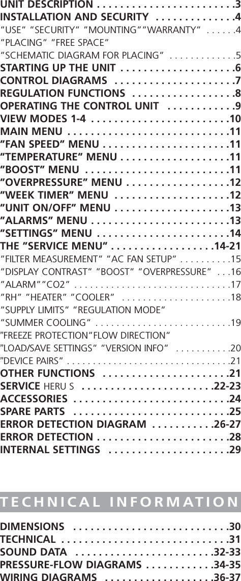 UNIT DESCRIPTION . . . . . . . . . . . . . . . . . . . . . . . .3INSTALLATION AND SECURITY  . . . . . . . . . . . . . .4&rdquo;USE&rdquo; &rdquo;SECURITY&rdquo; &rdquo;MOUNTING&rdquo;&rdquo;WARRANTY&rdquo;  . . . . . .4&rdquo;PLACING&rdquo; &rdquo;FREE SPACE&rdquo; &rdquo;SCHEMATIC DIAGRAM FOR PLACING&rdquo;  . . . . . . . . . . . . .5STARTING UP THE UNIT  . . . . . . . . . . . . . . . . . . . .6CONTROL DIAGRAMS  . . . . . . . . . . . . . . . . . . . . .7REGULATION FUNCTIONS  . . . . . . . . . . . . . . . . . .8OPERATING THE CONTROL UNIT  . . . . . . . . . . . .9VIEW MODES 1-4  . . . . . . . . . . . . . . . . . . . . . . . .10MAIN MENU  . . . . . . . . . . . . . . . . . . . . . . . . . . . .11&rdquo;FAN SPEED&rdquo; MENU . . . . . . . . . . . . . . . . . . . . . .11&rdquo;TEMPERATURE&rdquo; MENU . . . . . . . . . . . . . . . . . . .11&rdquo;BOOST&rdquo; MENU  . . . . . . . . . . . . . . . . . . . . . . . . .11&rdquo;OVERPRESSURE&rdquo; MENU . . . . . . . . . . . . . . . . . .12&rdquo;WEEK TIMER&rdquo; MENU  . . . . . . . . . . . . . . . . . . . .12&rdquo;UNIT ON/OFF&rdquo; MENU . . . . . . . . . . . . . . . . . . . .13&rdquo;ALARMS&rdquo; MENU . . . . . . . . . . . . . . . . . . . . . . . .13&rdquo;SETTINGS&rdquo; MENU  . . . . . . . . . . . . . . . . . . . . . . .14THE &rdquo;SERVICE MENU&rdquo; . . . . . . . . . . . . . . . . . .14-21&rdquo;FILTER MEASUREMENT&rdquo; &rdquo;AC FAN SETUP&rdquo; . . . . . . . . . .15&rdquo;DISPLAY CONTRAST&rdquo; &rdquo;BOOST&rdquo; &rdquo;OVERPRESSURE&rdquo;  . . .16&rdquo;ALARM&rdquo;&rdquo;CO2&rdquo; . . . . . . . . . . . . . . . . . . . . . . . . . . . . . .17&rdquo;RH&rdquo; &rdquo;HEATER&rdquo; &rdquo;COOLER&rdquo;  . . . . . . . . . . . . . . . . . . . . .18&rdquo;SUPPLY LIMITS&rdquo; &rdquo;REGULATION MODE&rdquo; &rdquo;SUMMER COOLING&rdquo;  . . . . . . . . . . . . . . . . . . . . . . . . . .19&rdquo;FREEZE PROTECTION&rdquo;FLOW DIRECTION&rdquo;&rdquo;LOAD/SAVE SETTINGS&rdquo; &rdquo;VERSION INFO&rdquo;  . . . . . . . . . . .20&rdquo;DEVICE PAIRS&rdquo; . . . . . . . . . . . . . . . . . . . . . . . . . . . . . . . .21OTHER FUNCTIONS  . . . . . . . . . . . . . . . . . . . . . .21SERVICE HERU S  . . . . . . . . . . . . . . . . . . . . . . .22-23ACCESSORIES  . . . . . . . . . . . . . . . . . . . . . . . . . . .24SPARE PARTS  . . . . . . . . . . . . . . . . . . . . . . . . . . .25ERROR DETECTION DIAGRAM  . . . . . . . . . . .26-27ERROR DETECTION . . . . . . . . . . . . . . . . . . . . . . .28INTERNAL SETTINGS  . . . . . . . . . . . . . . . . . . . . .29 CONTENTSDIMENSIONS  . . . . . . . . . . . . . . . . . . . . . . . . . . .30TECHNICAL  . . . . . . . . . . . . . . . . . . . . . . . . . . . . .31SOUND DATA  . . . . . . . . . . . . . . . . . . . . . . . .32-33PRESSURE-FLOW DIAGRAMS . . . . . . . . . . . .34-35WIRING DIAGRAMS  . . . . . . . . . . . . . . . . . . .36-37TECHNICAL INFORMATION 