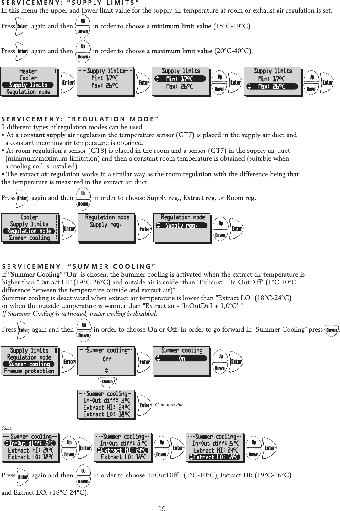 19SERVICEMENY: &ldquo;REGULATION MODE&rdquo;3 different types of regulation modes can be used.&bull; At a constant supply air regulation the temperature sensor (GT7) is placed in the supply air duct and a constant incoming air temperature is obtained.&bull; At room regulation a sensor (GT8) is placed in the room and a sensor (GT7) in the supply air duct (minimum/maximum limitation) and then a constant room temperature is obtained (suitable when a cooling coil is installed).&bull; The extract air regulation works in a similar way as the room regulation with the difference being that the temperature is measured in the extract air duct.Press        again and then          in order to choose Supply reg., Extract reg. or Room reg.Press        again and then          in order to choose 'InOutDiff':(1&deg;C-10&deg;C), Extract HI: (19&deg;C-26&deg;C) and Extract LO: (18&deg;C-24&deg;C).SERVICEMENY: &ldquo;SUMMER COOLING&rdquo;If &rdquo;Summer Cooling&rdquo; &rdquo;On&rdquo; is chosen, the Summer cooling is activated when the extract air temperature is higher than &rdquo;Extract HI&rdquo; (19&deg;C-26&deg;C) and outside air is colder than &rdquo;Exhaust - &lsquo;In OutDiff&rsquo; (1&deg;C-10&deg;C difference between the temperature outside and extract air)".Summer cooling is deactivated when extract air temperature is lower than &rdquo;Extract LO&rdquo; (18&deg;C-24&deg;C) or when the outside temperature is warmer than "Extract air - 'InOutDiff + 1,0&ordm;C' ".If Summer Cooling is activated, water cooling is disabled.Press        again and then          in order to choose On or Off. In order to go forward in &ldquo;Summer Cooling&rdquo; press        .Cont.Cont. next line.SERVICEMENY: &ldquo;SUPPLY LIMITS&rdquo;In this menu the upper and lower limit value for the supply air temperature at room or exhaust air regulation is set.Press        again and then          in order to choose a minimum limit value (15&deg;C-19&deg;C).Press        again and then          in order to choose a maximum limit value (20&deg;C-40&deg;C).5555ExtractExtractExtractExtractExtractExtract ExtractExtract