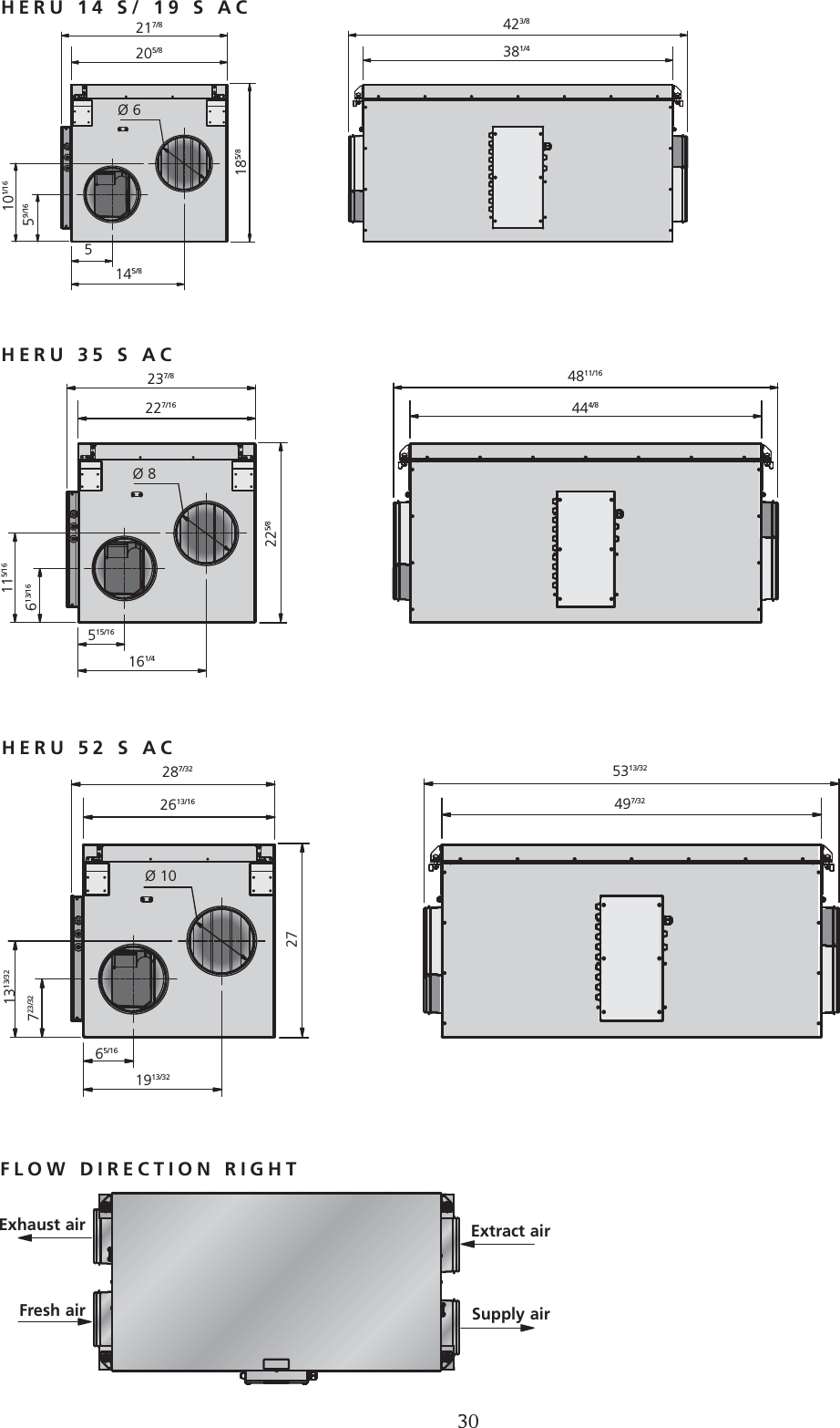 DIMENSIONS (inch)237/8227/164811/16444/8515/16161/4&Oslash; 8287/322613/165313/32497/3265/161913/321313/32723/32&Oslash; 10217/8205/8423/8381/45145/8101/1659/16&Oslash; 6185/8225/827FLOW DIRECTION RIGHTExtract airSupply airExhaust airFresh airHERU 52 S ACHERU 35 S ACHERU 14 S/ 19 S AC115/16613/1630