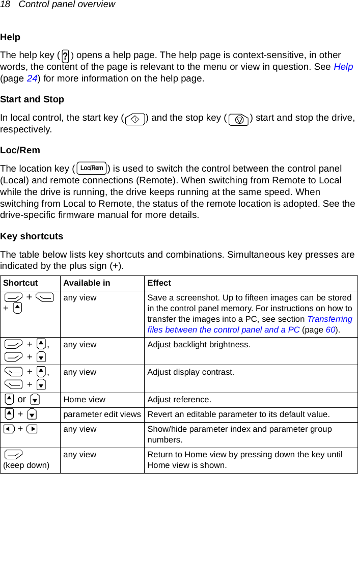 18   Control panel overviewHelpThe help key ( ) opens a help page. The help page is context-sensitive, in other words, the content of the page is relevant to the menu or view in question. See Help (page 24) for more information on the help page.Start and StopIn local control, the start key ( ) and the stop key ( ) start and stop the drive, respectively.Loc/RemThe location key ( ) is used to switch the control between the control panel (Local) and remote connections (Remote). When switching from Remote to Local while the drive is running, the drive keeps running at the same speed. When switching from Local to Remote, the status of the remote location is adopted. See the drive-specific firmware manual for more details.Key shortcutsThe table below lists key shortcuts and combinations. Simultaneous key presses are indicated by the plus sign (+).Shortcut Available in Effect +   +   any view Save a screenshot. Up to fifteen images can be stored in the control panel memory. For instructions on how to transfer the images into a PC, see section Transferring files between the control panel and a PC (page 60). +  , + any view Adjust backlight brightness. +  , + any view Adjust display contrast. or  Home view Adjust reference. +  parameter edit views Revert an editable parameter to its default value. +  any view Show/hide parameter index and parameter group numbers. (keep down)any view Return to Home view by pressing down the key until Home view is shown.?Loc/Rem