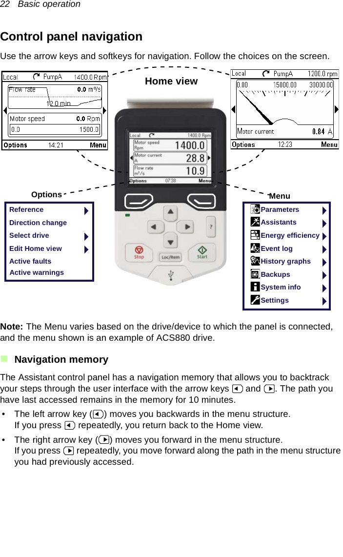 22   Basic operationControl panel navigationUse the arrow keys and softkeys for navigation. Follow the choices on the screen.Note: The Menu varies based on the drive/device to which the panel is connected, and the menu shown is an example of ACS880 drive.Navigation memoryThe Assistant control panel has a navigation memory that allows you to backtrack your steps through the user interface with the arrow keys   and  . The path you have last accessed remains in the memory for 10 minutes.• The left arrow key ( ) moves you backwards in the menu structure. If you press   repeatedly, you return back to the Home view.• The right arrow key ( ) moves you forward in the menu structure. If you press   repeatedly, you move forward along the path in the menu structure you had previously accessed. ParametersAssistantsEnergy efficiencyEvent logHistory graphsBackupsSystem infoSettingsHome viewReferenceDirection changeSelect driveEdit Home viewMenuOptionsActive faultsActive warnings