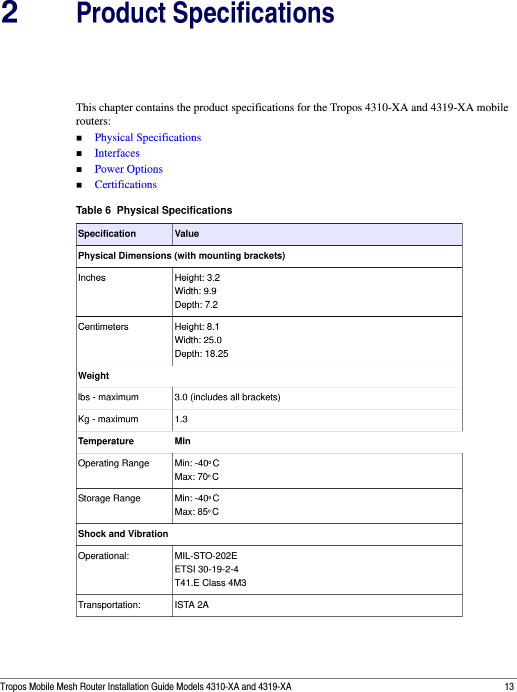 Tropos Mobile Mesh Router Installation Guide Models 4310-XA and 4319-XA 132Product SpecificationsThis chapter contains the product specifications for the Tropos 4310-XA and 4319-XA mobile routers:Physical SpecificationsInterfacesPower OptionsCertificationsTable 6  Physical SpecificationsSpecification ValuePhysical Dimensions (with mounting brackets)Inches Height: 3.2Width: 9.9Depth: 7.2Centimeters Height: 8.1Width: 25.0Depth: 18.25Weightlbs - maximum  3.0 (includes all brackets)Kg - maximum 1.3Temperature MinOperating Range Min: -40o CMax: 70o CStorage Range Min: -40o CMax: 85o CShock and VibrationOperational: MIL-STO-202EETSI 30-19-2-4T41.E Class 4M3Transportation: ISTA 2A