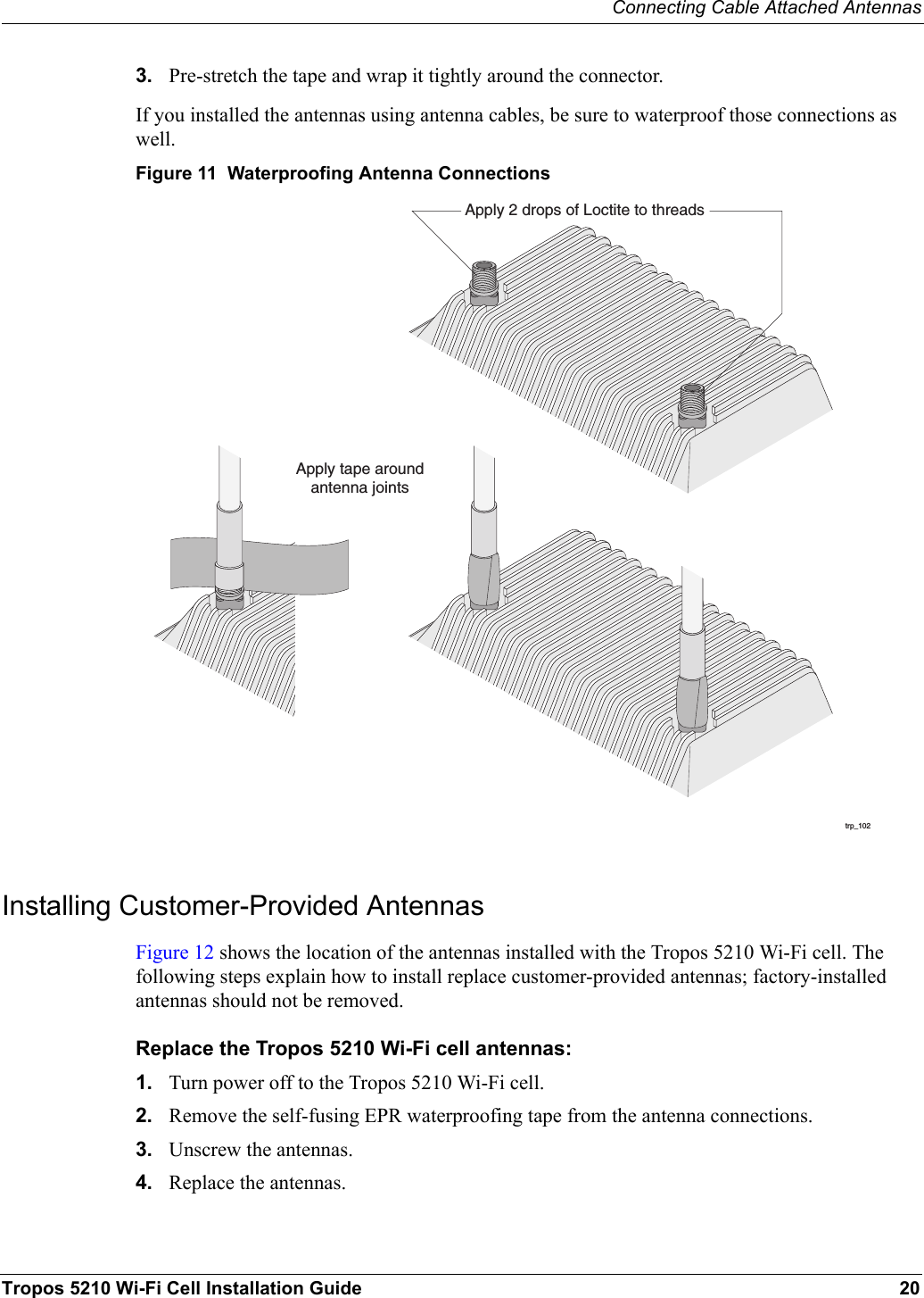 Connecting Cable Attached AntennasTropos 5210 Wi-Fi Cell Installation Guide 203. Pre-stretch the tape and wrap it tightly around the connector.If you installed the antennas using antenna cables, be sure to waterproof those connections as well.Figure 11  Waterproofing Antenna ConnectionsInstalling Customer-Provided AntennasFigure 12 shows the location of the antennas installed with the Tropos 5210 Wi-Fi cell. The following steps explain how to install replace customer-provided antennas; factory-installed antennas should not be removed.Replace the Tropos 5210 Wi-Fi cell antennas:1. Turn power off to the Tropos 5210 Wi-Fi cell.2. Remove the self-fusing EPR waterproofing tape from the antenna connections.3. Unscrew the antennas.4. Replace the antennas.Apply 2 drops of Loctite to threadstrp_102Apply tape aroundantenna joints