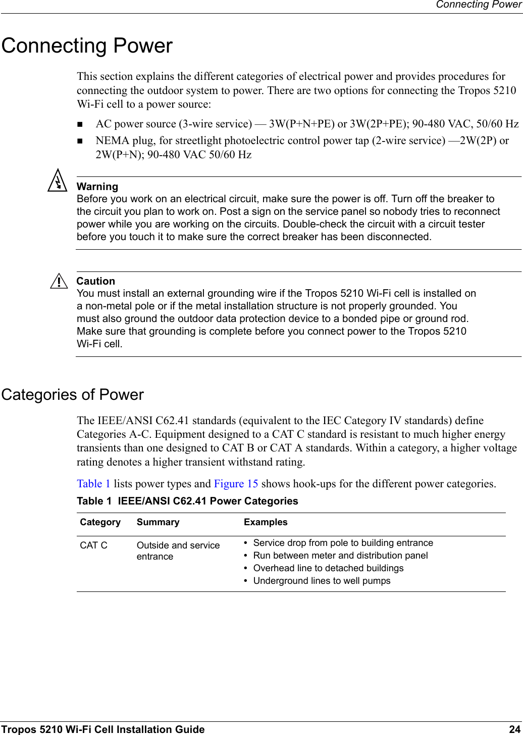 Connecting PowerTropos 5210 Wi-Fi Cell Installation Guide 24Connecting PowerThis section explains the different categories of electrical power and provides procedures for connecting the outdoor system to power. There are two options for connecting the Tropos 5210 Wi-Fi cell to a power source: AC power source (3-wire service) — 3W(P+N+PE) or 3W(2P+PE); 90-480 VAC, 50/60 Hz NEMA plug, for streetlight photoelectric control power tap (2-wire service) —2W(2P) or 2W(P+N); 90-480 VAC 50/60 HzWarningBefore you work on an electrical circuit, make sure the power is off. Turn off the breaker to the circuit you plan to work on. Post a sign on the service panel so nobody tries to reconnect power while you are working on the circuits. Double-check the circuit with a circuit tester before you touch it to make sure the correct breaker has been disconnected. CautionYou must install an external grounding wire if the Tropos 5210 Wi-Fi cell is installed on a non-metal pole or if the metal installation structure is not properly grounded. You must also ground the outdoor data protection device to a bonded pipe or ground rod. Make sure that grounding is complete before you connect power to the Tropos 5210 Wi-Fi cell.Categories of PowerThe IEEE/ANSI C62.41 standards (equivalent to the IEC Category IV standards) define Categories A-C. Equipment designed to a CAT C standard is resistant to much higher energy transients than one designed to CAT B or CAT A standards. Within a category, a higher voltage rating denotes a higher transient withstand rating.Table 1 lists power types and Figure 15 shows hook-ups for the different power categories.Table 1  IEEE/ANSI C62.41 Power CategoriesCategory Summary ExamplesCAT C Outside and service entrance•Service drop from pole to building entrance•Run between meter and distribution panel•Overhead line to detached buildings•Underground lines to well pumps