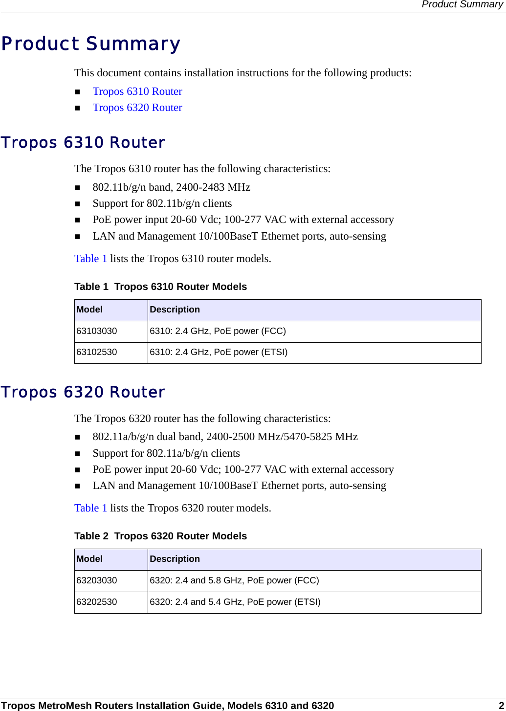 Product SummaryTropos MetroMesh Routers Installation Guide, Models 6310 and 6320 2Product SummaryThis document contains installation instructions for the following products:Tropos 6310 RouterTropos 6320 RouterTropos 6310 RouterThe Tropos 6310 router has the following characteristics:802.11b/g/n band, 2400-2483 MHzSupport for 802.11b/g/n clientsPoE power input 20-60 Vdc; 100-277 VAC with external accessoryLAN and Management 10/100BaseT Ethernet ports, auto-sensingTable 1 lists the Tropos 6310 router models.Tropos 6320 RouterThe Tropos 6320 router has the following characteristics: 802.11a/b/g/n dual band, 2400-2500 MHz/5470-5825 MHzSupport for 802.11a/b/g/n clientsPoE power input 20-60 Vdc; 100-277 VAC with external accessoryLAN and Management 10/100BaseT Ethernet ports, auto-sensingTable 1 lists the Tropos 6320 router models.Table 1  Tropos 6310 Router ModelsModel Description63103030 6310: 2.4 GHz, PoE power (FCC)63102530 6310: 2.4 GHz, PoE power (ETSI)Table 2  Tropos 6320 Router ModelsModel Description63203030 6320: 2.4 and 5.8 GHz, PoE power (FCC)63202530 6320: 2.4 and 5.4 GHz, PoE power (ETSI)