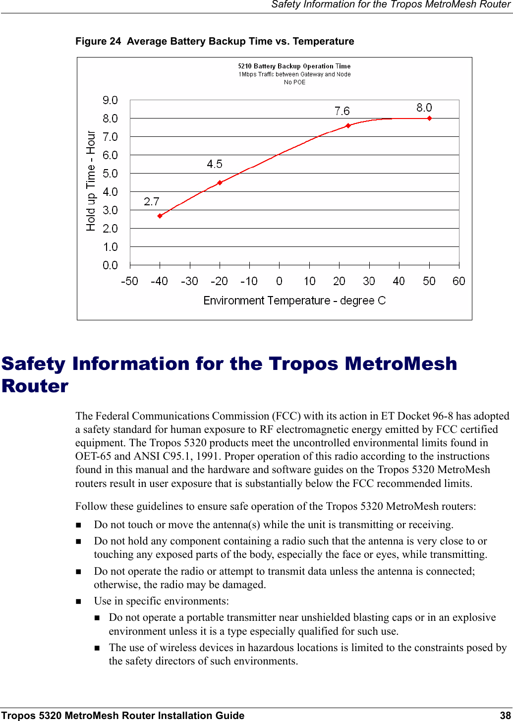 Safety Information for the Tropos MetroMesh RouterTropos 5320 MetroMesh Router Installation Guide 38Figure 24  Average Battery Backup Time vs. TemperatureSafety Information for the Tropos MetroMesh RouterThe Federal Communications Commission (FCC) with its action in ET Docket 96-8 has adopted a safety standard for human exposure to RF electromagnetic energy emitted by FCC certified equipment. The Tropos 5320 products meet the uncontrolled environmental limits found in OET-65 and ANSI C95.1, 1991. Proper operation of this radio according to the instructions found in this manual and the hardware and software guides on the Tropos 5320 MetroMesh routers result in user exposure that is substantially below the FCC recommended limits.Follow these guidelines to ensure safe operation of the Tropos 5320 MetroMesh routers:Do not touch or move the antenna(s) while the unit is transmitting or receiving.Do not hold any component containing a radio such that the antenna is very close to or touching any exposed parts of the body, especially the face or eyes, while transmitting. Do not operate the radio or attempt to transmit data unless the antenna is connected; otherwise, the radio may be damaged.Use in specific environments:Do not operate a portable transmitter near unshielded blasting caps or in an explosive environment unless it is a type especially qualified for such use.The use of wireless devices in hazardous locations is limited to the constraints posed by the safety directors of such environments.