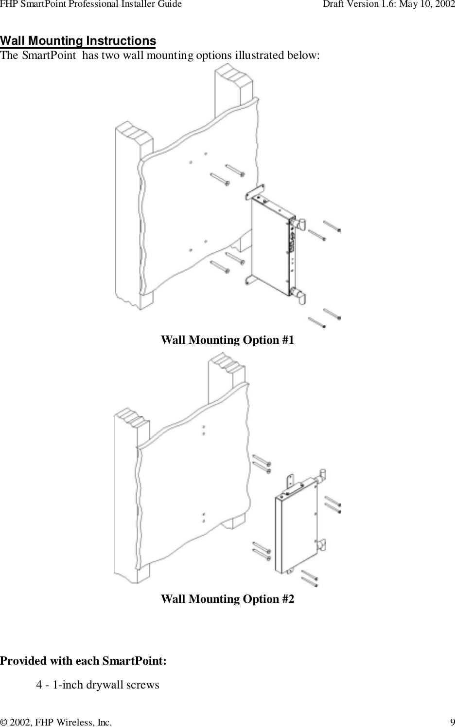 FHP SmartPoint Professional Installer Guide Draft Version 1.6: May 10, 2002© 2002, FHP Wireless, Inc. 9Wall Mounting InstructionsThe SmartPoint  has two wall mounting options illustrated below:Wall Mounting Option #1Wall Mounting Option #2Provided with each SmartPoint:4 - 1-inch drywall screws