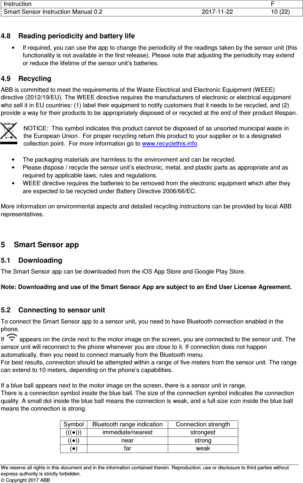 Instruction      F Smart Sensor Instruction Manual 0.2  2017-11-22  10 (22)   We reserve all rights in this document and in the information contained therein. Reproduction, use or disclosure to third parties without express authority is strictly forbidden.  Copyright 2017 ABB 4.8  Reading periodicity and battery life •  If required, you can use the app to change the periodicity of the readings taken by the sensor unit (this functionality is not available in the first release). Please note that adjusting the periodicity may extend or reduce the lifetime of the sensor unit’s batteries. 4.9  Recycling ABB is committed to meet the requirements of the Waste Electrical and Electronic Equipment (WEEE) directive (2012/19/EU). The WEEE directive requires the manufacturers of electronic or electrical equipment who sell it in EU countries: (1) label their equipment to notify customers that it needs to be recycled, and (2) provide a way for their products to be appropriately disposed of or recycled at the end of their product lifespan.  NOTICE:  This symbol indicates this product cannot be disposed of as unsorted municipal waste in the European Union.  For proper recycling return this product to your supplier or to a designated collection point.  For more information go to www.recyclethis.info.  •  The packaging materials are harmless to the environment and can be recycled. •  Please dispose / recycle the sensor unit’s electronic, metal, and plastic parts as appropriate and as required by applicable laws, rules and regulations. •  WEEE directive requires the batteries to be removed from the electronic equipment which after they are expected to be recycled under Battery Directive 2006/66/EC.  More information on environmental aspects and detailed recycling instructions can be provided by local ABB representatives. 5  Smart Sensor app 5.1  Downloading The Smart Sensor app can be downloaded from the iOS App Store and Google Play Store.  Note: Downloading and use of the Smart Sensor App are subject to an End User License Agreement.  5.2  Connecting to sensor unit To connect the Smart Sensor app to a sensor unit, you need to have Bluetooth connection enabled in the phone. If   appears on the circle next to the motor image on the screen, you are connected to the sensor unit. The sensor unit will reconnect to the phone whenever you are close to it. If connection does not happen  automatically, then you need to connect manually from the Bluetooth menu. For best results, connection should be attempted within a range of five meters from the sensor unit. The range can extend to 10 meters, depending on the phone’s capabilities.  If a blue ball appears next to the motor image on the screen, there is a sensor unit in range. There is a connection symbol inside the blue ball. The size of the connection symbol indicates the connection quality. A small dot inside the blue ball means the connection is weak, and a full-size icon inside the blue ball means the connection is strong.  Symbol Bluetooth range indication  Connection strength  (((●)))  immediate/nearest  strongest ((●))  near  strong (●)  far  weak 