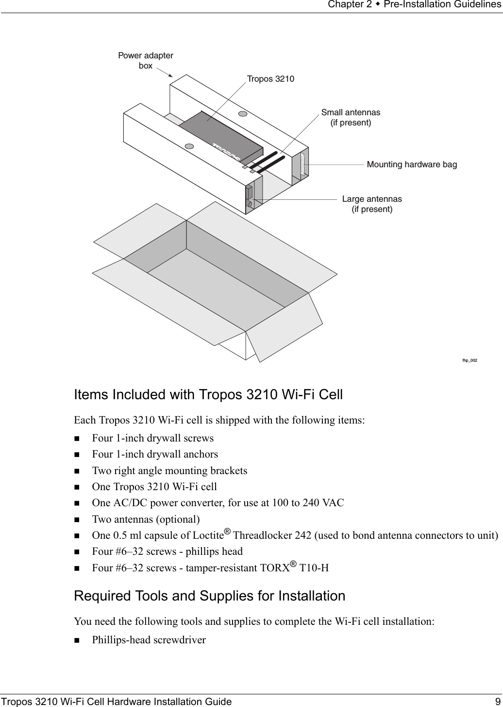 Chapter 2  Pre-Installation GuidelinesTropos 3210 Wi-Fi Cell Hardware Installation Guide 9Items Included with Tropos 3210 Wi-Fi CellEach Tropos 3210 Wi-Fi cell is shipped with the following items:Four 1-inch drywall screwsFour 1-inch drywall anchorsTwo right angle mounting bracketsOne Tropos 3210 Wi-Fi cellOne AC/DC power converter, for use at 100 to 240 VACTwo antennas (optional)One 0.5 ml capsule of Loctite® Threadlocker 242 (used to bond antenna connectors to unit)Four #6–32 screws - phillips headFour #6–32 screws - tamper-resistant TORX® T10-HRequired Tools and Supplies for InstallationYou need the following tools and supplies to complete the Wi-Fi cell installation:Phillips-head screwdriverfhp_002Mounting hardware bagLarge antennas(if present)Power adapterboxTropos 3210Small antennas(if present)