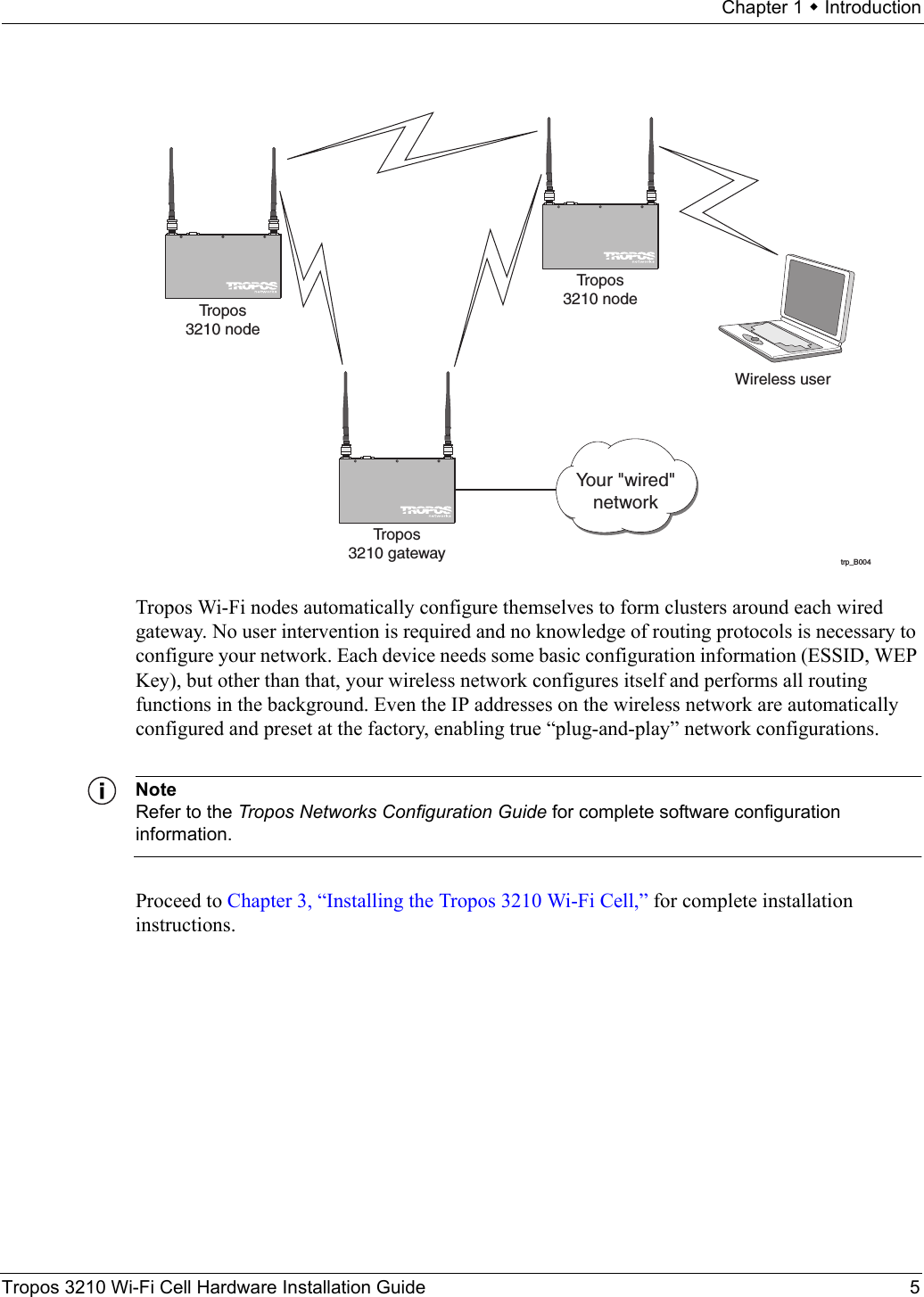 Chapter 1  IntroductionTropos 3210 Wi-Fi Cell Hardware Installation Guide 5Tropos Wi-Fi nodes automatically configure themselves to form clusters around each wired gateway. No user intervention is required and no knowledge of routing protocols is necessary to configure your network. Each device needs some basic configuration information (ESSID, WEP Key), but other than that, your wireless network configures itself and performs all routing functions in the background. Even the IP addresses on the wireless network are automatically configured and preset at the factory, enabling true “plug-and-play” network configurations. NoteRefer to the Tropos Networks Configuration Guide for complete software configuration information.Proceed to Chapter 3, “Installing the Tropos 3210 Wi-Fi Cell,” for complete installation instructions.trp_B004Wireless userTropos3210 nodeTropos3210 gatewayTropos3210 nodeYour &quot;wired&quot;network