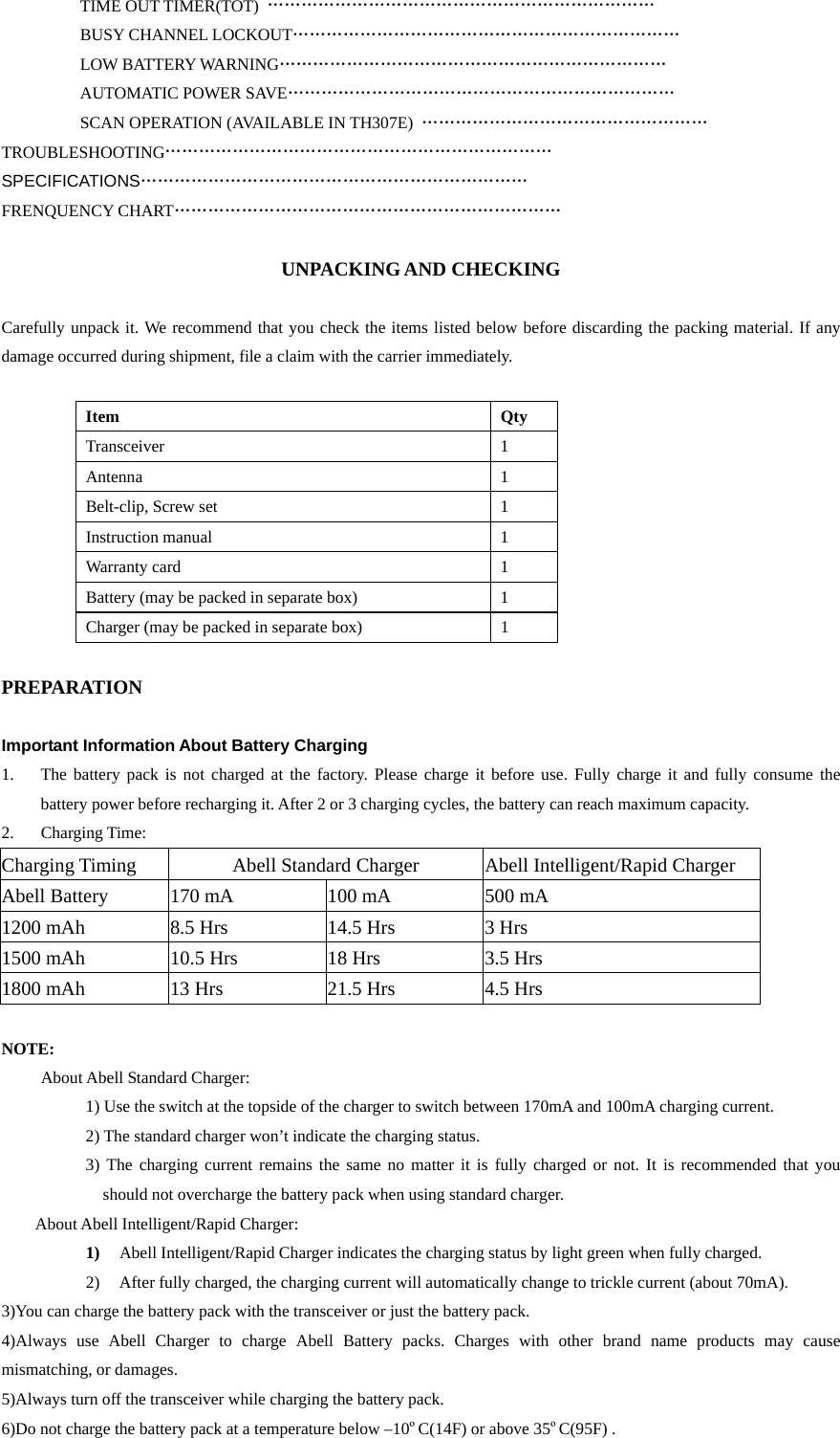 TIME OUT TIMER(TOT)  …………………………………………………………… BUSY CHANNEL LOCKOUT…………………………………………………………… LOW BATTERY WARNING…………………………………………………………… AUTOMATIC POWER SAVE…………………………………………………………… SCAN OPERATION (AVAILABLE IN TH307E)  …………………………………………… TROUBLESHOOTING…………………………………………………………… SPECIFICATIONS…………………………………………………………… FRENQUENCY CHART……………………………………………………………  UNPACKING AND CHECKING   Carefully unpack it. We recommend that you check the items listed below before discarding the packing material. If any damage occurred during shipment, file a claim with the carrier immediately.  Item Qty Transceiver 1 Antenna   1 Belt-clip, Screw set  1 Instruction manual  1 Warranty card  1 Battery (may be packed in separate box)  1 Charger (may be packed in separate box)  1   PREPARATION  Important Information About Battery Charging   1.  The battery pack is not charged at the factory. Please charge it before use. Fully charge it and fully consume the battery power before recharging it. After 2 or 3 charging cycles, the battery can reach maximum capacity. 2. Charging Time:  Charging Timing Abell Standard Charger Abell Intelligent/Rapid Charger Abell Battery 170 mA 100 mA 500 mA 1200 mAh 8.5 Hrs 14.5 Hrs 3 Hrs 1500 mAh 10.5 Hrs 18 Hrs 3.5 Hrs 1800 mAh 13 Hrs 21.5 Hrs 4.5 Hrs  NOTE:          About Abell Standard Charger:    1) Use the switch at the topside of the charger to switch between 170mA and 100mA charging current.   2) The standard charger won’t indicate the charging status.   3) The charging current remains the same no matter it is fully charged or not. It is recommended that you should not overcharge the battery pack when using standard charger. About Abell Intelligent/Rapid Charger: 1)  Abell Intelligent/Rapid Charger indicates the charging status by light green when fully charged.   2)  After fully charged, the charging current will automatically change to trickle current (about 70mA).   3)You can charge the battery pack with the transceiver or just the battery pack. 4)Always use Abell Charger to charge Abell Battery packs. Charges with other brand name products may cause mismatching, or damages. 5)Always turn off the transceiver while charging the battery pack.   6)Do not charge the battery pack at a temperature below –10ºC(14F) or above 35ºC(95F) .    