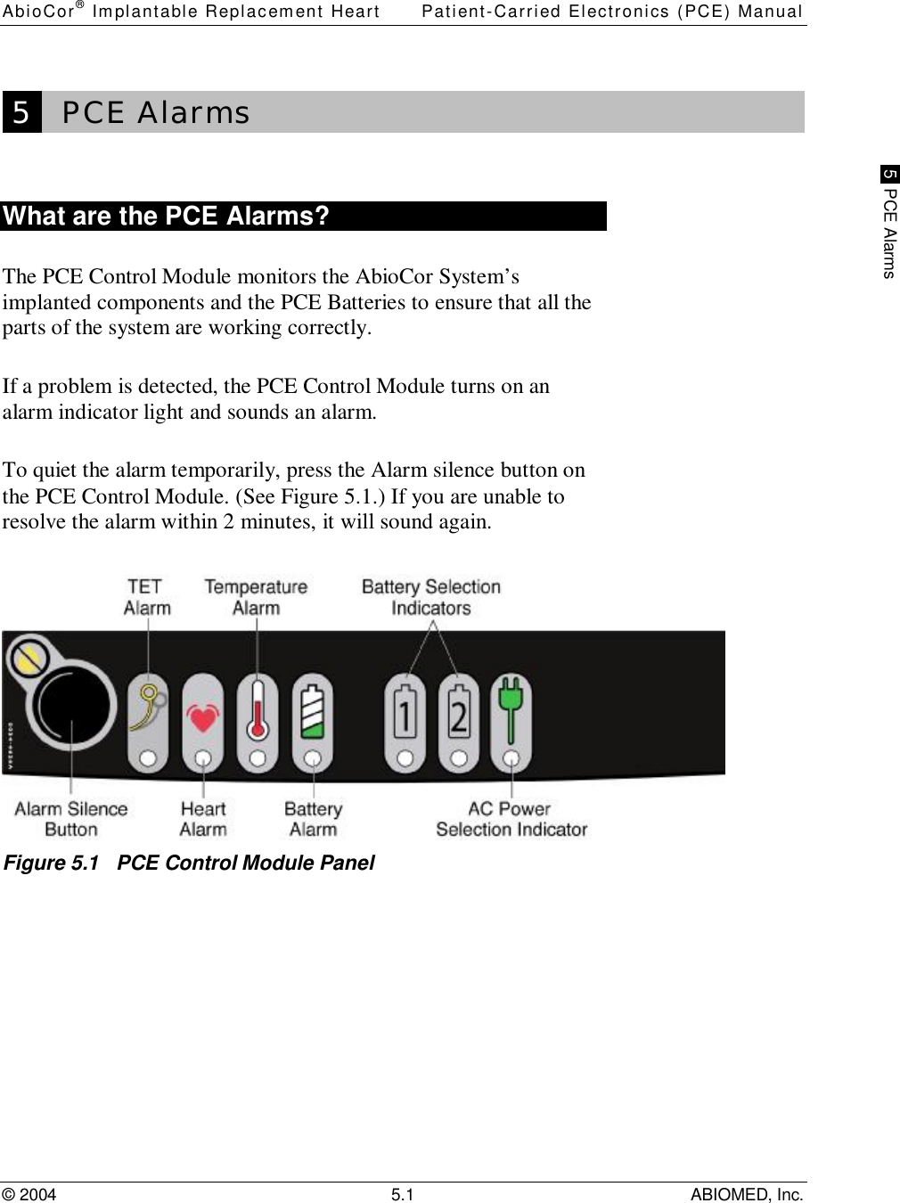 AbioCor® Implantable Replacement Heart Patient-Carried Electronics (PCE) Manual© 2004 5.1 ABIOMED, Inc. 5  PCE Alarms 5   PCE AlarmsWhat are the PCE Alarms?The PCE Control Module monitors the AbioCor System’simplanted components and the PCE Batteries to ensure that all theparts of the system are working correctly.If a problem is detected, the PCE Control Module turns on analarm indicator light and sounds an alarm.To quiet the alarm temporarily, press the Alarm silence button onthe PCE Control Module. (See Figure 5.1.) If you are unable toresolve the alarm within 2 minutes, it will sound again.Figure 5.1   PCE Control Module Panel
