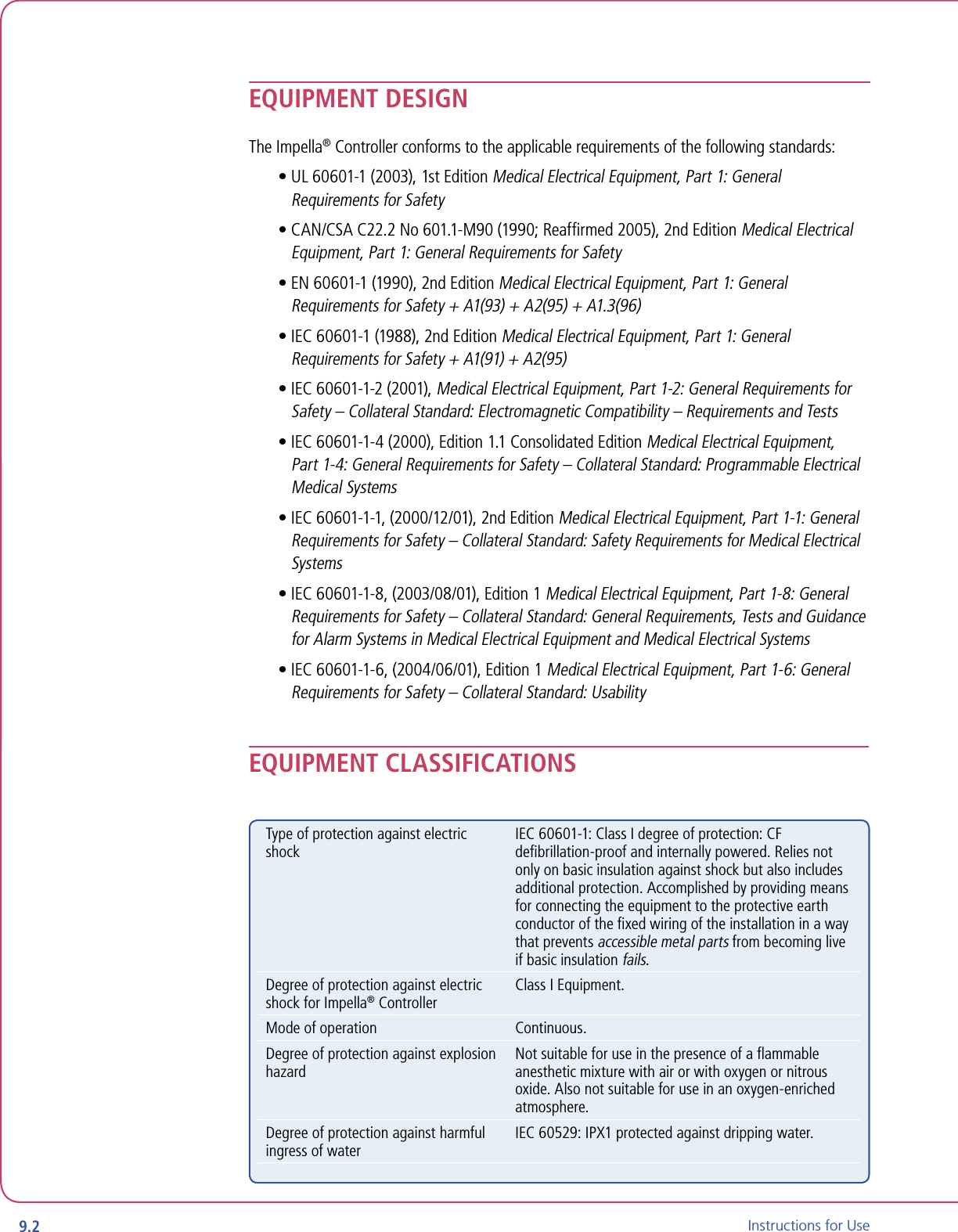 9.2 Instructions for UseEQUIPMENT DESIGNThe Impella® Controller conforms to the applicable requirements of the following standards:•  UL 60601-1 (2003), 1st Edition Medical Electrical Equipment, Part 1: General Requirements for Safety•  CAN/CSA C22.2 No 601.1-M90 (1990; Reafrmed 2005), 2nd Edition Medical Electrical Equipment, Part 1: General Requirements for Safety•  EN 60601-1 (1990), 2nd Edition Medical Electrical Equipment, Part 1: General Requirements for Safety + A1(93) + A2(95) + A1.3(96)•  IEC 60601-1 (1988), 2nd Edition Medical Electrical Equipment, Part 1: General Requirements for Safety + A1(91) + A2(95)•  IEC 60601-1-2 (2001), Medical Electrical Equipment, Part 1-2: General Requirements for Safety – Collateral Standard: Electromagnetic Compatibility – Requirements and Tests•  IEC 60601-1-4 (2000), Edition 1.1 Consolidated Edition Medical Electrical Equipment, Part 1-4: General Requirements for Safety – Collateral Standard: Programmable Electrical Medical Systems•  IEC 60601-1-1, (2000/12/01), 2nd Edition Medical Electrical Equipment, Part 1-1: General Requirements for Safety – Collateral Standard: Safety Requirements for Medical Electrical Systems•  IEC 60601-1-8, (2003/08/01), Edition 1 Medical Electrical Equipment, Part 1-8: General Requirements for Safety – Collateral Standard: General Requirements, Tests and Guidance for Alarm Systems in Medical Electrical Equipment and Medical Electrical Systems•  IEC 60601-1-6, (2004/06/01), Edition 1 Medical Electrical Equipment, Part 1-6: General Requirements for Safety – Collateral Standard: UsabilityEQUIPMENT CLASSIFICATIONSType of protection against electric shockIEC 60601-1: Class I degree of protection: CF deﬁbrillation-proof and internally powered. Relies not only on basic insulation against shock but also includes additional protection. Accomplished by providing means for connecting the equipment to the protective earth conductor of the ﬁxed wiring of the installation in a way that prevents accessible metal parts from becoming live if basic insulation fails.Degree of protection against electric shock for Impella® ControllerClass I Equipment.Mode of operation Continuous.Degree of protection against explosion hazardNot suitable for use in the presence of a ﬂammable anesthetic mixture with air or with oxygen or nitrous oxide. Also not suitable for use in an oxygen-enriched atmosphere.Degree of protection against harmful ingress of waterIEC 60529: IPX1 protected against dripping water.