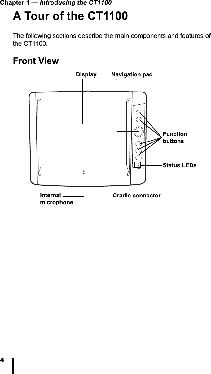 Chapter 1 &mdash; Introducing the CT11004A Tour of the CT1100The following sections describe the main components and features of the CT1100.Front ViewNavigation padDisplayFunction buttonsStatus LEDsInternal microphoneCradle connector