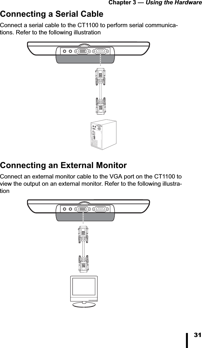 Chapter 3 &mdash; Using the Hardware31Connecting a Serial CableConnect a serial cable to the CT1100 to perform serial communica-tions. Refer to the following illustrationConnecting an External MonitorConnect an external monitor cable to the VGA port on the CT1100 to view the output on an external monitor. Refer to the following illustra-tion