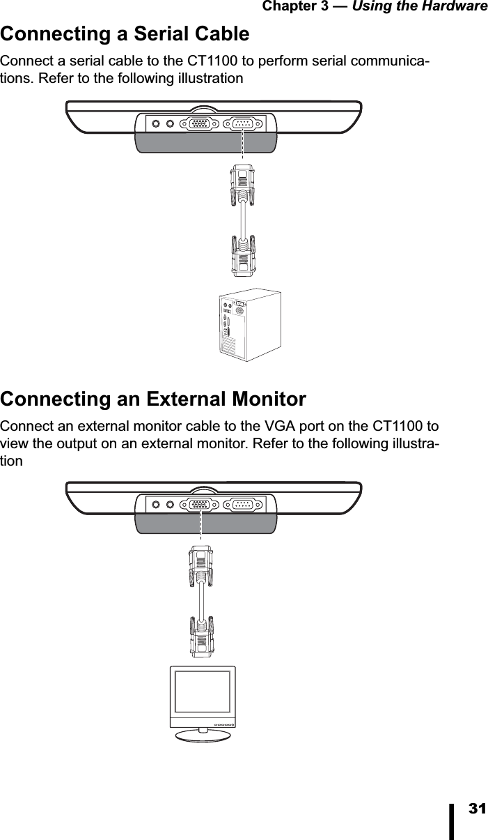 Chapter 3 — Using the Hardware31Connecting a Serial CableConnect a serial cable to the CT1100 to perform serial communica-tions. Refer to the following illustrationConnecting an External MonitorConnect an external monitor cable to the VGA port on the CT1100 to view the output on an external monitor. Refer to the following illustra-tion