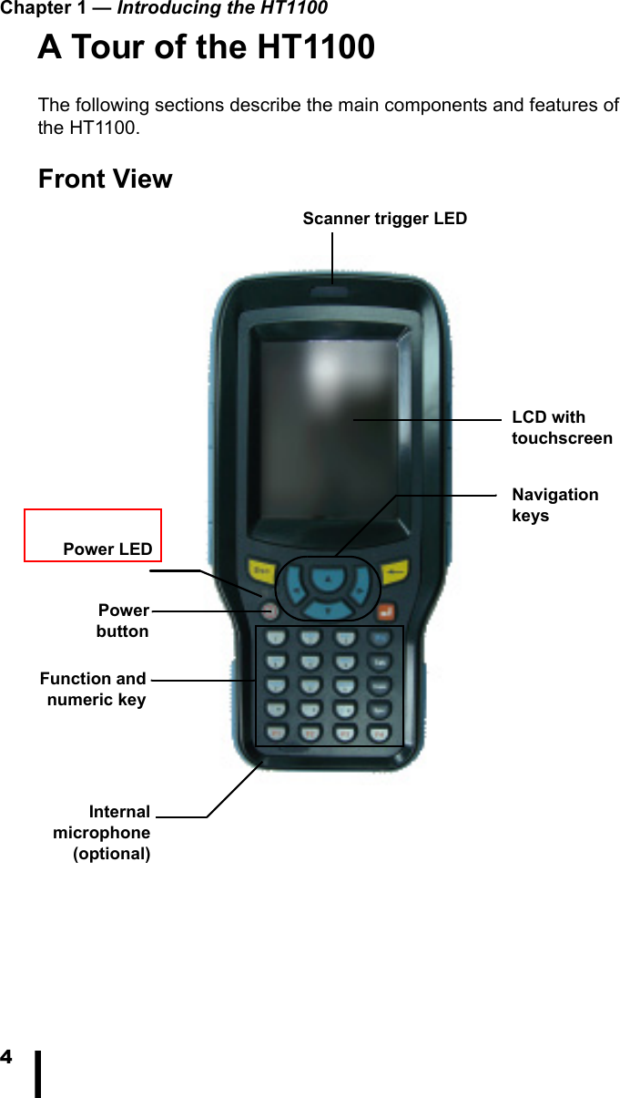 Chapter 1 — Introducing the HT11004A Tour of the HT1100The following sections describe the main components and features of the HT1100.Front ViewLCD with touchscreenPowerbuttonNavigation keysFunction andnumeric keyPower LEDInternalmicrophone(optional)Scanner trigger LED