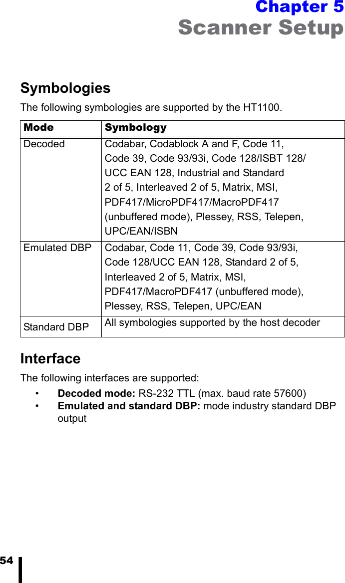 54Chapter 5Scanner SetupSymbologiesThe following symbologies are supported by the HT1100.InterfaceThe following interfaces are supported:&bull;Decoded mode: RS-232 TTL (max. baud rate 57600)&bull;Emulated and standard DBP: mode industry standard DBP outputMode SymbologyDecoded  Codabar, Codablock A and F, Code 11,Code 39, Code 93/93i, Code 128/ISBT 128/UCC EAN 128, Industrial and Standard2 of 5, Interleaved 2 of 5, Matrix, MSI,PDF417/MicroPDF417/MacroPDF417(unbuffered mode), Plessey, RSS, Telepen,UPC/EAN/ISBNEmulated DBP Codabar, Code 11, Code 39, Code 93/93i,Code 128/UCC EAN 128, Standard 2 of 5,Interleaved 2 of 5, Matrix, MSI,PDF417/MacroPDF417 (unbuffered mode),Plessey, RSS, Telepen, UPC/EANStandard DBP All symbologies supported by the host decoder