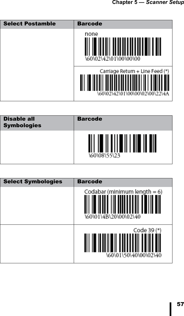 Chapter 5 &mdash; Scanner Setup57Select Postamble BarcodeDisable all SymbologiesBarcodeSelect Symbologies Barcode