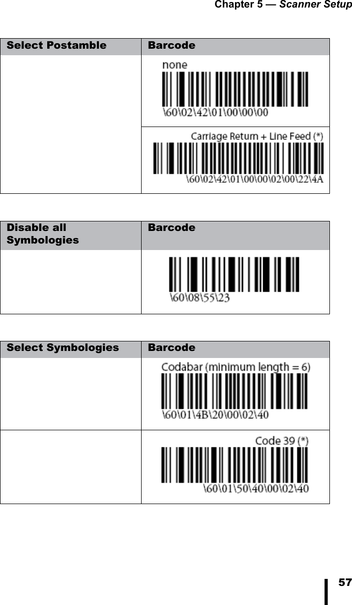 Chapter 5 — Scanner Setup57Select Postamble BarcodeDisable all SymbologiesBarcodeSelect Symbologies Barcode