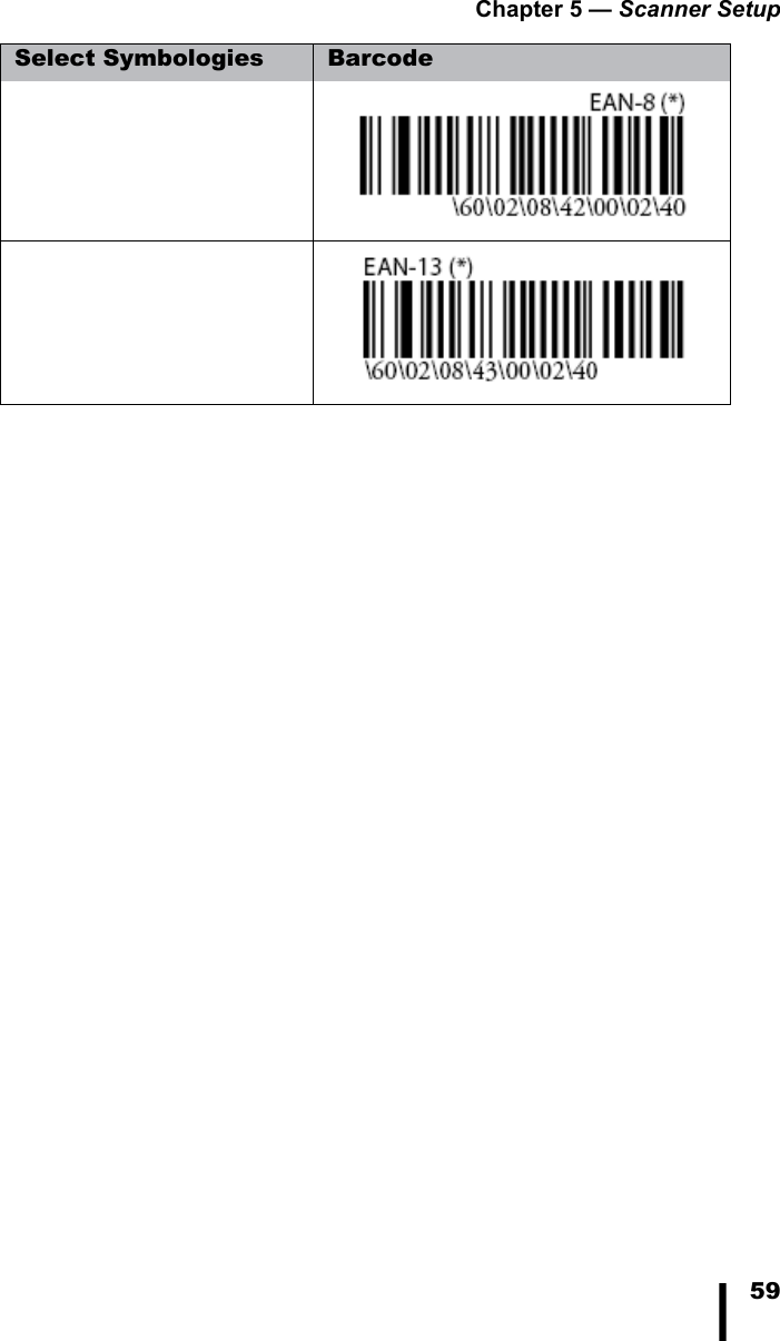 Chapter 5 &mdash; Scanner Setup59Select Symbologies Barcode