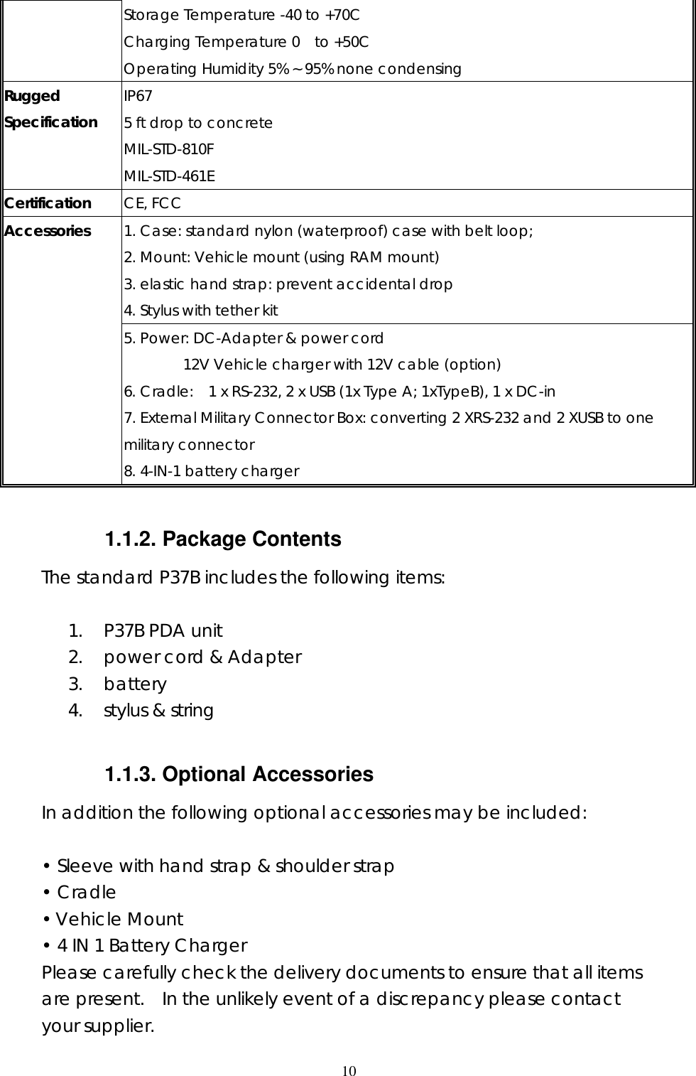  10Storage Temperature -40 to +70C    Charging Temperature 0  to +50C   Operating Humidity 5% ~ 95% none condensing    IP67 5 ft drop to concrete Rugged Specification   MIL-STD-810F MIL-STD-461E Certification CE, FCC   1. Case: standard nylon (waterproof) case with belt loop;   2. Mount: Vehicle mount (using RAM mount) 3. elastic hand strap: prevent accidental drop 4. Stylus with tether kit 5. Power: DC-Adapter &amp; power cord            12V Vehicle charger with 12V cable (option) 6. Cradle:  1 x RS-232, 2 x USB (1x Type A; 1xTypeB), 1 x DC-in 7. External Military Connector Box: converting 2 XRS-232 and 2 XUSB to one military connector Accessories     8. 4-IN-1 battery charger  1.1.2. Package Contents The standard P37B includes the following items:  1. P37B PDA unit 2. power cord &amp; Adapter 3. battery 4. stylus &amp; string  1.1.3. Optional Accessories In addition the following optional accessories may be included:  &bull; Sleeve with hand strap &amp; shoulder strap &bull; Cradle &bull; Vehicle Mount &bull; 4 IN 1 Battery Charger Please carefully check the delivery documents to ensure that all items are present.  In the unlikely event of a discrepancy please contact your supplier. 