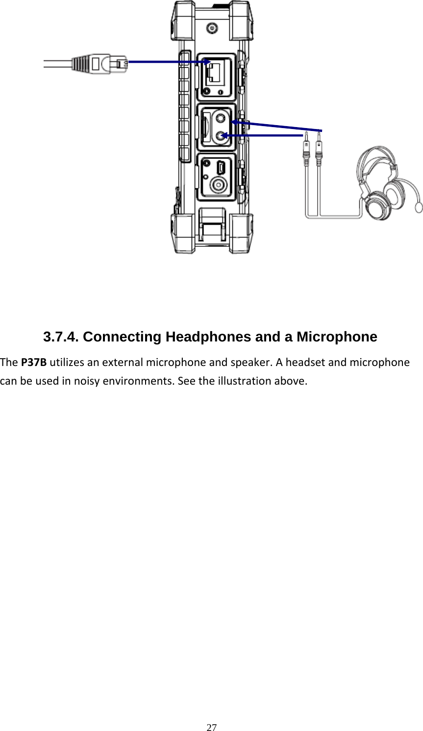  27    3.7.4. Connecting Headphones and a Microphone TheP37Butilizesanexternalmicrophoneandspeaker.Aheadsetandmicrophonecanbeusedinnoisyenvironments.Seetheillustrationabove.              