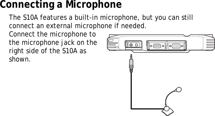 S10A User Manual20Connecting a MicrophoneThe S10A features a built-in microphone, but you can still connect an external microphone if needed.Connect the microphone to the microphone jack on the right side of the S10A as shown.