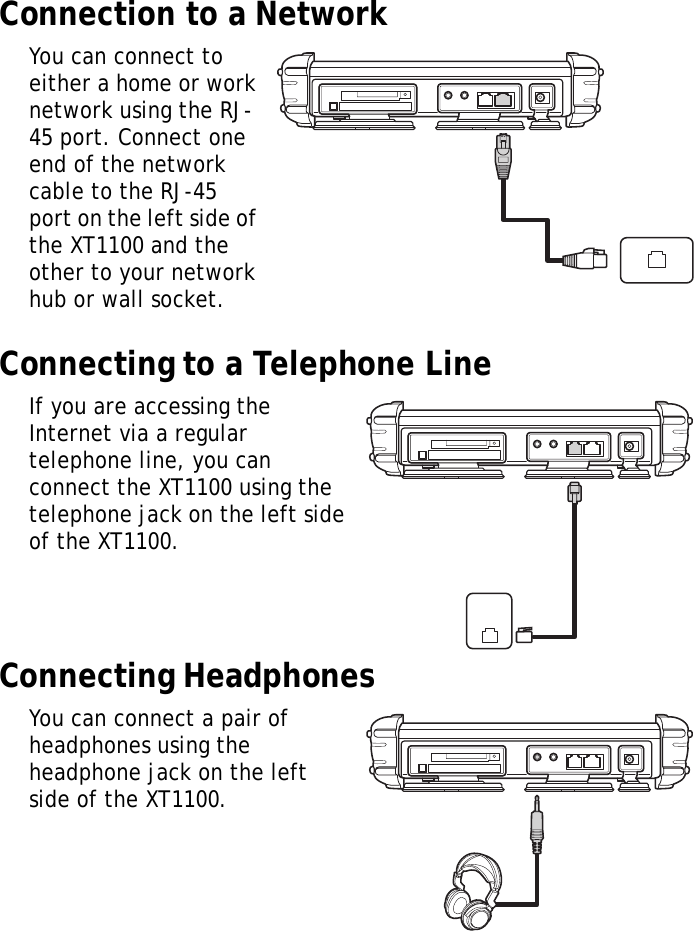 XT1100 User Manual9Connection to a NetworkYou can connect to either a home or work network using the RJ-45 port. Connect one end of the network cable to the RJ-45 port on the left side of the XT1100 and the other to your network hub or wall socket.Connecting to a Telephone LineIf you are accessing the Internet via a regular telephone line, you can connect the XT1100 using the telephone jack on the left side of the XT1100.Connecting HeadphonesYou can connect a pair of headphones using the headphone jack on the left side of the XT1100.
