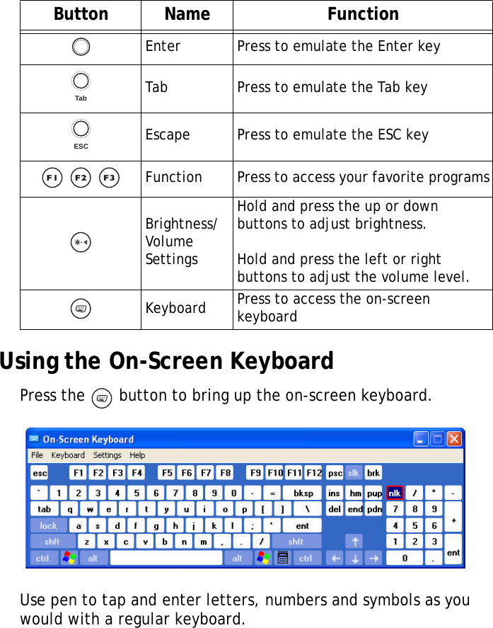 XT1100 User Manual13Using the On-Screen KeyboardPress the   button to bring up the on-screen keyboard.Use pen to tap and enter letters, numbers and symbols as you would with a regular keyboard.Enter Press to emulate the Enter keyTab Press to emulate the Tab keyEscape Press to emulate the ESC key   Function Press to access your favorite programsBrightness/Volume SettingsHold and press the up or down buttons to adjust brightness.Hold and press the left or right buttons to adjust the volume level.Keyboard Press to access the on-screen keyboardButton Name FunctionTabESCF1 F2 F3