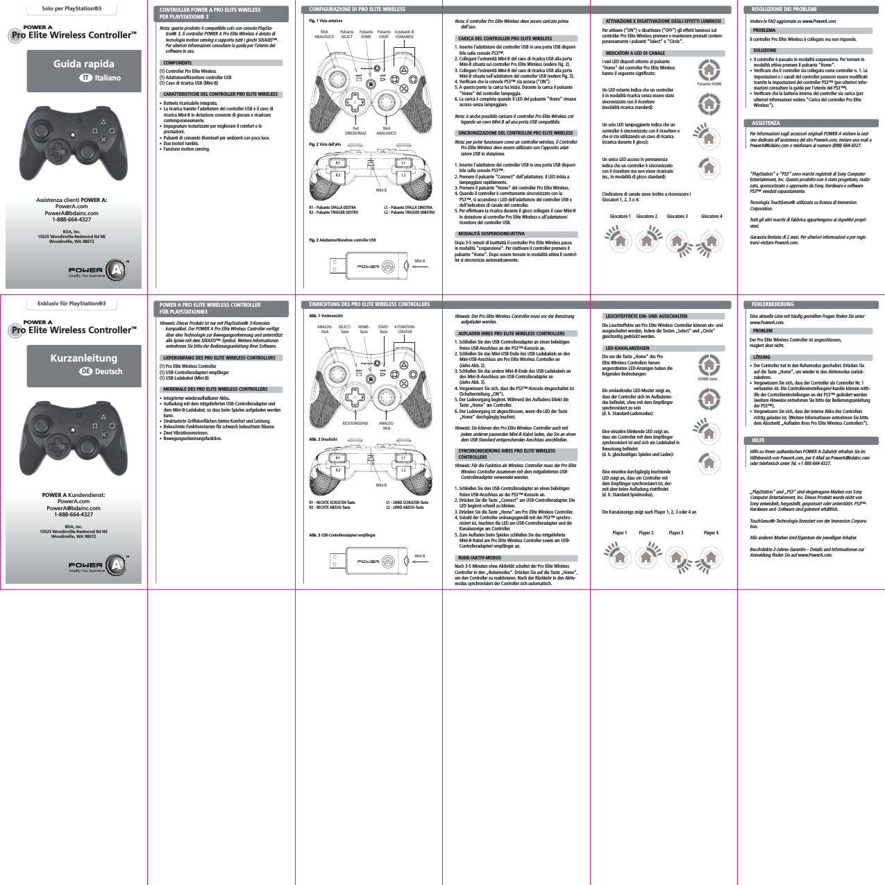 POWER ASTARTSELECTSTARTSELECTPOWER APOWER APro Elite Wireless Controller™Pro Elite Wireless Controller™POWER AGuida rapidaItalianoITSolo per PlayStation®3Nota: questo prodotto è compatibile solo con console PlaySta-tion® 3. Il controller POWER A Pro Elite Wireless è dotato di tecnologia motion sensing e supporta tutti i giochi SIXAXIS™. Per ulteriori informazioni consultare la guida per l’utente del software in uso.     COMPONENTI:(1) Controller Pro Elite Wireless (1) Adattatore/Ricevitore controller USB (1) Cavo di ricarica USB (Mini-B)    CARATTERISTICHE DEL CONTROLLER PRO ELITE WIRELESS•  Batteria ricaricabile integrata.•  La ricarica tramite l’adattatore del controller USB e il cavo di ricarica Mini-B in dotazione consente di giocare e ricaricare contemporaneamente. •  Impugnature testurizzate per migliorare il comfort e le prestazioni.•  Pulsanti di comando illuminati per ambienti con poca luce. •  Due motori rumble.  •  Funzione motion sensing.CONFIGURAZIONE DI PRO ELITE WIRELESSCONTROLLER POWER A PRO ELITE WIRELESSPER PLAYSTATION® 3 Fig. 1 Vista anterioreAssistenza clienti POWER A:PowerA.comPowerA@bdainc.com1-888-664-4327BDA, Inc.15525 Woodinville-Redmond Rd NEWoodinville, WA 98072   ATTIVAZIONE E DISATTIVAZIONE DEGLI EFFETTI LUMINOSIPer attivare (“ON”) o disattivare (“OFF”) gli effetti luminosi sul controller Pro Elite Wireless premere e mantenere premuti contem-poraneamente i pulsanti “Select” e “Circle”.   INDICATORI A LED DI CANALEI vari LED disposti attorno al pulsante “Home” del controller Pro Elite Wireless hanno il seguente significato:Un LED rotante indica che un controller è in modalità ricarica senza essere stato sincronizzato con il ricevitore  (modalità ricarica standard):Un solo LED lampeggiante indica che un controller è sincronizzato con il ricevitore e che si sta utilizzando un cavo di ricarica  (ricarica durante il gioco):Un unico LED acceso in permanenza indica che un controller è sincronizzato con il ricevitore ma non viene ricaricato (es., in modalità di gioco standard):L’indicatore di canale serve inoltre a riconoscere i  Giocatori 1, 2, 3 o 4:Vedere le FAQ aggiornate su www.PowerA.com   PROBLEMA Il controller Pro Elite Wireless è collegato ma non risponde.   SOLUZIONE •  Il controller è passato in modalità sospensione. Per tornare in modalità attiva premere il pulsante “Home”.•  Verificare che il controller sia collegato come controller n. 1. Le impostazioni o i canali del controller possono essere modificati tramite le impostazioni del controller PS3™ (per ulteriori infor-mazioni consultare la guida per l’utente del PS3™).•  Verificare che la batteria interna del controller sia carica (per ulteriori informazioni vedere “Carica del controller Pro Elite Wireless”).Per informazioni sugli accessori originali POWER A visitare la sezi-one dedicata all’assistenza del sito PowerA.com, inviare una mail a PowerA@bdainc.com o telefonare al numero (888) 664-4327.“PlayStation” e “PS3” sono marchi registrati di Sony Computer Entertainment, Inc. Questo prodotto non è stato progettato, realiz-zato, sponsorizzato o approvato da Sony. Hardware e software PS3™ venduti separatamente.Tecnologia TouchSense® utilizzata su licenza di Immersion Corporation.Tutti gli altri marchi di fabbrica appartengono ai rispettivi propri-etari.Garanzia limitata di 2 anni. Per ulteriori informazioni e per regis-trarsi visitare PowerA.com.Nota: il controller Pro Elite Wireless deve essere caricato prima dell’uso.   CARICA DEL CONTROLLER PRO ELITE WIRELESS1. Inserire l’adattatore del controller USB in una porta USB disponi-bile sulla console PS3™.2. Collegare l’estremità Mini-B del cavo di ricarica USB alla porta Mini-B situata sul controller Pro Elite Wireless (vedere Fig. 2). 3. Collegare l’estremità Mini-B del cavo di ricarica USB alla porta Mini-B situata sull’adattatore del controller USB (vedere Fig. 3).4. Verificare che la console PS3™ sia accesa (“ON”).5. A questo punto la carica ha inizio. Durante la carica il pulsante “Home” del controller lampeggia. 6. La carica è completa quando il LED del pulsante “Home” rimane acceso senza lampeggiare.Nota: è anche possibile caricare il controller Pro Elite Wireless col-legando un cavo Mini-B ad una porta USB compatibile.   SINCRONIZZAZIONE DEL CONTROLLER PRO ELITE WIRELESSNota: per poter funzionare come un controller wireless, il Controller Pro Elite Wireless deve essere utilizzato con l’apposito adat-tatore USB in dotazione.1. Inserire l’adattatore del controller USB in una porta USB disponi-bile sulla console PS3™.2. Premere il pulsante “Connect” dell’adattatore. Il LED inizia a lampeggiare rapidamente.3. Premere il pulsante “Home” del controller Pro Elite Wireless. 4. Quando il controller è correttamente sincronizzato con la PS3™, si accendono i LED dell’adattatore del controller USB e dell’indicatore di canale del controller.5. Per effettuare la ricarica durante il gioco collegare il cavo Mini-B in dotazione al controller Pro Elite Wireless e all’adattatore/ricevitore del controller USB.   MODALITÀ SOSPENSIONE/ATTIVADopo 3-5 minuti di inattività il controller Pro Elite Wireless passa in modalità “sospensione”. Per riattivare il controller premere il pulsante “Home”. Dopo essere tornato in modalità attiva il control-ler si sincronizza automaticamente.R1 - Pulsante SPALLA DESTRAR2 - Pulsante TRIGGER DESTROFig. 2 Vista dall’altoFig. 3 Adattatore/Ricevitore controller USBL1 - Pulsante SPALLA SINISTRAL2 - Pulsante TRIGGER SINISTRORISOLUZIONE DEI PROBLEMI Stick ANALOGICOMini-BGiocatore 1 Giocatore 3Giocatore 2 Giocatore 4ASSISTENZAPad DIREZIONALEMini-BPlayer 1 Player 3Player 2 Player 4RICHTUNGSPADMini-BR1 - RECHTE SCHULTER-TasteR2 - RECHTE ABZUG-TasteAbb. 2 DraufsichtAbb. 3 USB-Controlleradapter/-empfängerL1 - LINKE SCHULTER-TasteL2 - LINKE ABZUG-TasteANALOG-StickMini-BHOME-TasteSELECT-Taste4 FUNKTION-STASTENANALOG-StickSTART-TasteKurzanleitungDeutschDEExklusiv für PlayStation®3Hinweis: Dieses Produkt ist nur mit PlayStation® 3-Konsolen kompatibel. Der POWER A Pro Elite Wireless Controller verfügt über eine Technologie zur Bewegungserkennung und unterstützt alle Spiele mit dem SIXAXIS™-Symbol. Weitere Informationen entnehmen Sie bitte der Bedienungsanleitung Ihrer Software.     LIEFERUMFANG DES PRO ELITE WIRELESS CONTROLLERS(1) Pro Elite Wireless Controller (1) USB-Controlleradapter/-empfänger(1) USB-Ladekabel (Mini-B)    MERKMALE DES PRO ELITE WIRELESS CONTROLLERS•  Integrierter wiederaufladbarer Akku.•  Aufladung mit dem mitgelieferten USB-Controlleradapter und dem Mini-B-Ladekabel, so dass beim Spielen aufgeladen werden kann. •  Strukturierte Griffoberflächen bieten Komfort und Leistung.•  Beleuchtete Funktionstasten für schwach beleuchtete Räume. •  Zwei Vibrationsmotoren.  •  Bewegungserkennungsfunktion.EINRICHTUNG DES PRO ELITE WIRELESS CONTROLLERSPOWER A PRO ELITE WIRELESS CONTROLLER FÜR PLAYSTATION®3 Abb. 1 VorderansichtPOWER A Kundendienst:PowerA.comPowerA@bdainc.com1-888-664-4327BDA, Inc.15525 Woodinville-Redmond Rd NEWoodinville, WA 98072   LEUCHTEFFEKTE EIN- UND AUSSCHALTENDie Leuchteffekte am Pro Elite Wireless Controller können ein- und ausgeschaltet werden, indem die Tasten „Select“ und „Circle“ gleichzeitig gedrückt werden.   LED-KANALANZEIGENDie um die Taste „Home“ des Pro Elite Wireless Controllers herum angeordneten LED-Anzeigen haben die folgenden Bedeutungen:Ein umlaufendes LED-Muster zeigt an, dass der Controller sich im Auflademo-dus befindet, ohne mit dem Empfänger synchronisiert zu sein  (d. h. Standard-Lademodus):Eine einzelne blinkende LED zeigt an, dass ein Controller mit dem Empfänger synchronisiert ist und sich ein Ladekabel in Benutzung befindet  (d. h. gleichzeitiges Spielen und Laden):Eine einzelne durchgängig leuchtende LED zeigt an, dass ein Controller mit dem Empfänger synchronisiert ist, der-zeit aber keine Aufladung stattfindet (d. h. Standard-Spielmodus).Die Kanalanzeige zeigt auch Player 1, 2, 3 oder 4 anEine aktuelle Liste mit häufig gestellten Fragen finden Sie unter www.PowerA.com.    PROBLEM Der Pro Elite Wireless Controller ist angeschlossen,  reagiert aber nicht.   LÖSUNG •  Der Controller hat in den Ruhemodus geschaltet. Drücken Sie auf die Taste „Home“, um wieder in den Aktivmodus zurück-zukehren.•  Vergewissern Sie sich, dass der Controller als Controller Nr. 1 verbunden ist. Die Controllereinstellungen/-kanäle können mith-ilfe der Controllereinstellungen an der PS3™ geändert werden (weitere Hinweise entnehmen Sie bitte der Bedienungsanleitung der PS3™).•  Vergewissern Sie sich, dass der interne Akku des Controllers richtig geladen ist. (Weitere Informationen entnehmen Sie bitte dem Abschnitt „Aufladen Ihres Pro Elite Wireless Controllers“).Hilfe zu Ihrem authentischen POWER A-Zubehör erhalten Sie im Hilfebereich von PowerA.com, per E-Mail an PowerA@bdainc.com oder telefonisch unter Tel. +1 888 664-4327.„PlayStation“ und „PS3“ sind eingetragene Marken von Sony Computer Entertainment, Inc. Dieses Produkt wurde nicht von Sony entwickelt, hergestellt, gesponsert oder unterstützt. PS3™-Hardware und -Software sind getrennt erhältlich. TouchSense®-Technologie lizenziert von der Immersion Corpora-tion.Alle anderen Marken sind Eigentum der jeweiligen Inhaber.Beschränkte 2-Jahres-Garantie – Details und Informationen zur Anmeldung finden Sie auf www.PowerA.com.Hinweis: Der Pro Elite Wireless Controller muss vor der Benutzung aufgeladen werden.   AUFLADEN IHRES PRO ELITE WIRELESS CONTROLLERS1. Schließen Sie den USB-Controlleradapter an einen beliebigen freien USB-Anschluss an der PS3™-Konsole an.2. Schließen Sie das Mini-USB-Ende des USB-Ladekabels an den Mini-USB-Anschluss am Pro Elite Wireless Controller an  (siehe Abb. 2). 3. Schließen Sie das andere Mini-B-Ende des USB-Ladekabels an den Mini-B-Anschluss am USB-Controlleradapter an  (siehe Abb. 3).4. Vergewissern Sie sich, dass die PS3™-Konsole eingeschaltet ist (Schalterstellung „ON“).5. Der Ladevorgang beginnt. Während des Aufladens blinkt die Taste „Home“ am Controller. 6. Der Ladevorgang ist abgeschlossen, wenn die LED der Taste „Home“ durchgängig leuchtet.Hinweis: Sie können den Pro Elite Wireless Controller auch mit jedem anderen passenden Mini-B-Kabel laden, das Sie an einen dem USB-Standard entsprechenden Anschluss anschließen.   SYNCHRONISIERUNG IHRES PRO ELITE WIRELESS     CONTROLLERSHinweis: Für die Funktion als Wireless Controller muss der Pro Elite Wireless Controller zusammen mit dem mitgelieferten USB-Controlleradapter verwendet werden.1. Schließen Sie den USB-Controlleradapter an einen beliebigen freien USB-Anschluss an der PS3™-Konsole an.2. Drücken Sie die Taste „Connect“ am USB-Controlleradapter. Die LED beginnt schnell zu blinken.3. Drücken Sie die Taste „Home“ am Pro Elite Wireless Controller. 4. Sobald der Controller ordnungsgemäß mit der PS3™ synchro-nisiert ist, leuchten die LED am USB-Controlleradapter und die Kanalanzeige am Controller.5. Zum Aufladen beim Spielen schließen Sie das mitgelieferte Mini-B-Kabel am Pro Elite Wireless Controller sowie am USB-Controlleradapter/-empfänger an.   RUHE-/AKTIV-MODUSNach 3-5 Minuten ohne Aktivität schaltet der Pro Elite Wireless Controller in den „Ruhemodus“. Drücken Sie auf die Taste „Home“, um den Controller zu reaktivieren. Nach der Rückkehr in den Aktiv-modus synchronisiert der Controller sich automatisch.FEHLERBEHEBUNG HILFEPulsante HOMEPulsante SELECT4 pulsanti di COMANDOStick ANALOGICOPulsante STARTHOME-tastePulsante HOME