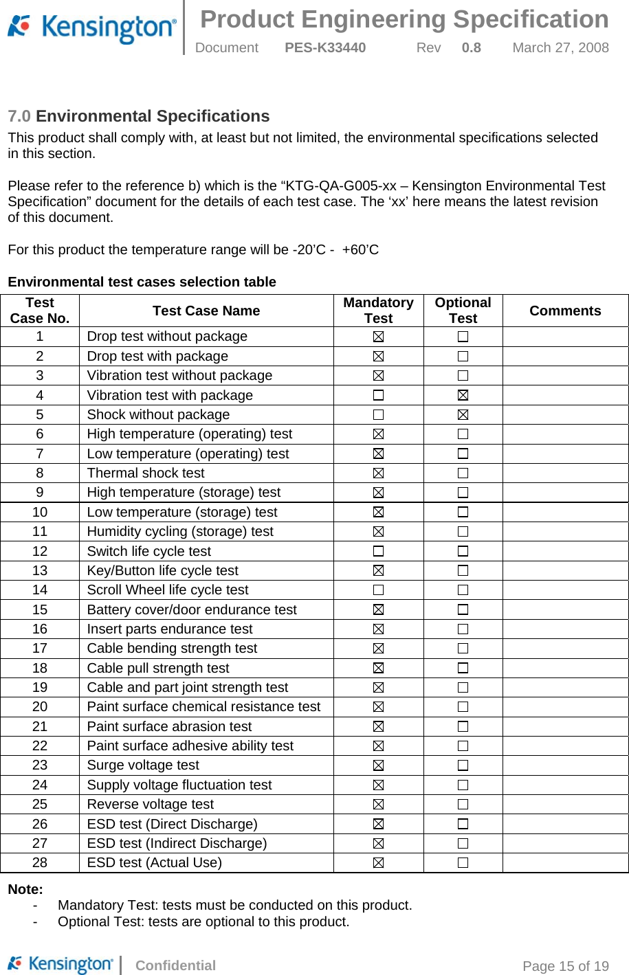 Product Engineering Specification  Document  PES-K33440 Rev 0.8 March 27, 2008      Confidential  Page 15 of 19 7.0 Environmental Specifications This product shall comply with, at least but not limited, the environmental specifications selected in this section.   Please refer to the reference b) which is the “KTG-QA-G005-xx – Kensington Environmental Test Specification” document for the details of each test case. The ‘xx’ here means the latest revision of this document.   For this product the temperature range will be -20’C -  +60’C  Environmental test cases selection table Test Case No.  Test Case Name  Mandatory Test  Optional Test  Comments 1  Drop test without package       2  Drop test with package       3  Vibration test without package       4  Vibration test with package       5  Shock without package       6  High temperature (operating) test       7  Low temperature (operating) test       8 Thermal shock test       9  High temperature (storage) test       10  Low temperature (storage) test       11  Humidity cycling (storage) test       12  Switch life cycle test       13  Key/Button life cycle test       14  Scroll Wheel life cycle test       15  Battery cover/door endurance test       16  Insert parts endurance test       17  Cable bending strength test       18 Cable pull strength test       19  Cable and part joint strength test       20  Paint surface chemical resistance test       21  Paint surface abrasion test       22  Paint surface adhesive ability test       23  Surge voltage test       24  Supply voltage fluctuation test       25  Reverse voltage test       26  ESD test (Direct Discharge)       27  ESD test (Indirect Discharge)       28  ESD test (Actual Use)       Note: -  Mandatory Test: tests must be conducted on this product. -  Optional Test: tests are optional to this product. 