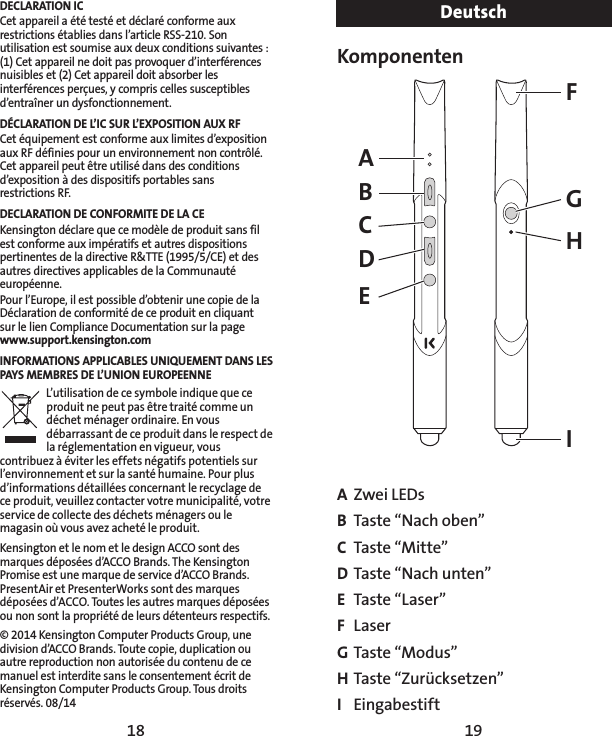 18 19KomponentenAGFIHBCDEA  Zwei LEDsB  Taste “Nach oben”C  Taste “Mitte”D Taste “Nach unten”E  Taste “Laser”F LaserG Taste “Modus”H Taste “Zurücksetzen”I  EingabestiftDeutschDECLARATION ICCet appareil a été testé et déclaré conforme aux restrictions établies dans l’article RSS-210. Son utilisation est soumise aux deux conditions suivantes : (1) Cet appareil ne doit pas provoquer d’interférences nuisibles et (2) Cet appareil doit absorber les interférences perçues, y compris celles susceptibles d’entraîner un dysfonctionnement.DÉCLARATION DE L’IC SUR L’EXPOSITION AUXRFCet équipement est conforme aux limites d’exposition aux RF définies pour un environnement non contrôlé. Cet appareil peut être utilisé dans des conditions d’exposition à des dispositifs portables sans restrictionsRF.  DECLARATION DE CONFORMITE DE LA CEKensington déclare que ce modèle de produit sans fil est conforme aux impératifs et autres dispositions pertinentes de la directive R&amp;TTE (1995/5/CE) et des autres directives applicables de la Communauté européenne.Pour l’Europe, il est possible d’obtenir une copie de la Déclaration de conformité de ce produit en cliquant  sur le lien Compliance Documentation sur la page www.support.kensington.comINFORMATIONS APPLICABLES UNIQUEMENT DANS LES PAYS MEMBRES DE L’UNION EUROPEENNEL’utilisation de ce symbole indique que ce produit ne peut pas être traité comme un déchet ménager ordinaire. En vous débarrassant de ce produit dans le respect de la réglementation en vigueur, vous contribuez à éviter les effets négatifs potentiels sur l’environnement et sur la santé humaine. Pour plus d’informations détaillées concernant le recyclage de ce produit, veuillez contacter votre municipalité, votre service de collecte des déchets ménagers ou le magasin où vous avez acheté le produit. Kensington et le nom et le design ACCO sont des marques déposées d’ACCO Brands. The Kensington Promise est une marque de service d’ACCO Brands. PresentAir et PresenterWorks sont des marques déposées d’ACCO. Toutes les autres marques déposées ou non sont la propriété de leurs détenteurs respectifs.© 2014 Kensington Computer Products Group, une division d’ACCO Brands. Toute copie, duplication ou autre reproduction non autorisée du contenu de ce manuel est interdite sans le consentement écrit de Kensington Computer Products Group. Tous droits réservés. 08/14