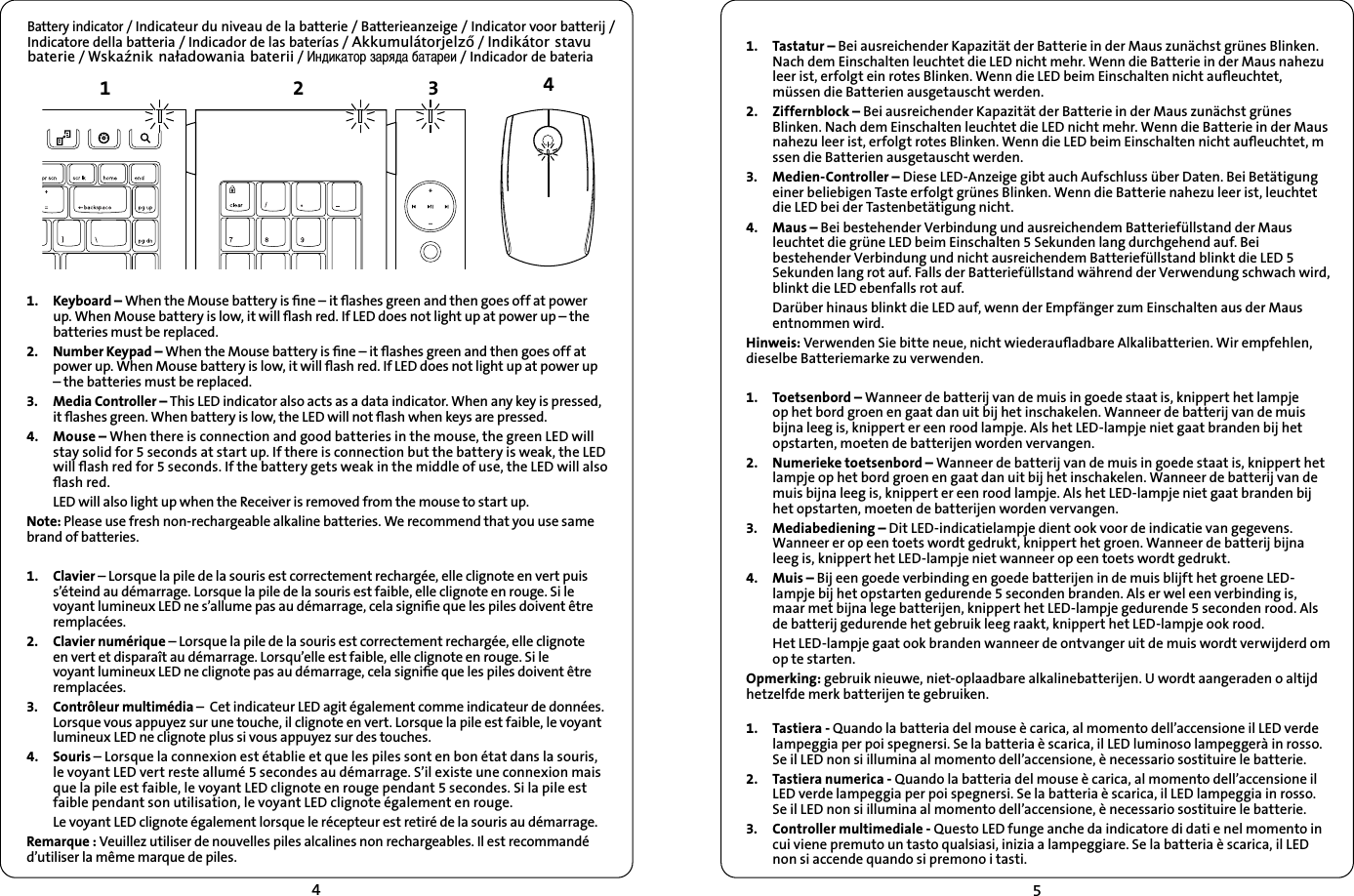 45Battery indicator / Indicateur du niveau de la batterie / Batterieanzeige / Indicator voor batterij / Indicatore della batteria / Indicador de las baterías / $NNXPXOiWRUMHO]Ŋ / ,QGLNiWRUVWDYXEDWHULH / :VNDŬQLNQDáDGRZDQLDEDWHULL / ÐÇËÍÃÕÑÓÊÃÓÂÇÃÄÃÕÃÓÈË / Indicador de bateria1. Keyboard – When the Mouse battery is ﬁne – it ﬂashes green and then goes off at power up. When Mouse battery is low, it will ﬂash red. If LED does not light up at power up – the batteries must be replaced.2. Number Keypad – When the Mouse battery is ﬁne – it ﬂashes green and then goes off at power up. When Mouse battery is low, it will ﬂash red. If LED does not light up at power up – the batteries must be replaced.3. Media Controller – This LED indicator also acts as a data indicator. When any key is pressed, it ﬂashes green. When battery is low, the LED will not ﬂash when keys are pressed.4. Mouse – When there is connection and good batteries in the mouse, the green LED will stay solid for 5 seconds at start up. If there is connection but the battery is weak, the LED will ﬂash red for 5 seconds. If the battery gets weak in the middle of use, the LED will also ﬂash red.LED will also light up when the Receiver is removed from the mouse to start up. Note: Please use fresh non-rechargeable alkaline batteries. We recommend that you use same brand of batteries.1. Clavier – Lorsque la pile de la souris est correctement rechargée, elle clignote en vert puis s’éteind au démarrage. Lorsque la pile de la souris est faible, elle clignote en rouge. Si le voyant lumineux LED ne s’allume pas au démarrage, cela signiﬁe que les piles doivent être remplacées.2. Clavier numérique – Lorsque la pile de la souris est correctement rechargée, elle clignote en vert et disparaît au démarrage. Lorsqu’elle est faible, elle clignote en rouge. Si le voyant lumineux LED ne clignote pas au démarrage, cela signiﬁe que les piles doivent être remplacées.3. Contrôleur multimédia –  Cet indicateur LED agit également comme indicateur de données. Lorsque vous appuyez sur une touche, il clignote en vert. Lorsque la pile est faible, le voyant lumineux LED ne clignote plus si vous appuyez sur des touches.4. Souris – Lorsque la connexion est établie et que les piles sont en bon état dans la souris, le voyant LED vert reste allumé 5 secondes au démarrage. S’il existe une connexion mais que la pile est faible, le voyant LED clignote en rouge pendant 5 secondes. Si la pile est faible pendant son utilisation, le voyant LED clignote également en rouge.Le voyant LED clignote également lorsque le récepteur est retiré de la souris au démarrage. Remarque : Veuillez utiliser de nouvelles piles alcalines non rechargeables. Il est recommandé d’utiliser la même marque de piles.12341. Tastatur – Bei ausreichender Kapazität der Batterie in der Maus zunächst grünes Blinken. Nach dem Einschalten leuchtet die LED nicht mehr. Wenn die Batterie in der Maus nahezu leer ist, erfolgt ein rotes Blinken. Wenn die LED beim Einschalten nicht auﬂeuchtet, müssen die Batterien ausgetauscht werden.2. Ziffernblock – Bei ausreichender Kapazität der Batterie in der Maus zunächst grünes Blinken. Nach dem Einschalten leuchtet die LED nicht mehr. Wenn die Batterie in der Maus nahezu leer ist, erfolgt rotes Blinken. Wenn die LED beim Einschalten nicht auﬂeuchtet, m ssen die Batterien ausgetauscht werden.3. Medien-Controller – Diese LED-Anzeige gibt auch Aufschluss über Daten. Bei Betätigung einer beliebigen Taste erfolgt grünes Blinken. Wenn die Batterie nahezu leer ist, leuchtet die LED bei der Tastenbetätigung nicht.4. Maus – Bei bestehender Verbindung und ausreichendem Batteriefüllstand der Maus leuchtet die grüne LED beim Einschalten 5 Sekunden lang durchgehend auf. Bei bestehender Verbindung und nicht ausreichendem Batteriefüllstand blinkt die LED 5 Sekunden lang rot auf. Falls der Batteriefüllstand während der Verwendung schwach wird, blinkt die LED ebenfalls rot auf.Darüber hinaus blinkt die LED auf, wenn der Empfänger zum Einschalten aus der Maus entnommen wird. Hinweis: Verwenden Sie bitte neue, nicht wiederauﬂadbare Alkalibatterien. Wir empfehlen, dieselbe Batteriemarke zu verwenden.1. Toetsenbord – Wanneer de batterij van de muis in goede staat is, knippert het lampje op het bord groen en gaat dan uit bij het inschakelen. Wanneer de batterij van de muis bijna leeg is, knippert er een rood lampje. Als het LED-lampje niet gaat branden bij het opstarten, moeten de batterijen worden vervangen.2. Numerieke toetsenbord – Wanneer de batterij van de muis in goede staat is, knippert het lampje op het bord groen en gaat dan uit bij het inschakelen. Wanneer de batterij van de muis bijna leeg is, knippert er een rood lampje. Als het LED-lampje niet gaat branden bij het opstarten, moeten de batterijen worden vervangen.3. Mediabediening – Dit LED-indicatielampje dient ook voor de indicatie van gegevens. Wanneer er op een toets wordt gedrukt, knippert het groen. Wanneer de batterij bijna leeg is, knippert het LED-lampje niet wanneer op een toets wordt gedrukt.4. Muis – Bij een goede verbinding en goede batterijen in de muis blijft het groene LED-lampje bij het opstarten gedurende 5 seconden branden. Als er wel een verbinding is, maar met bijna lege batterijen, knippert het LED-lampje gedurende 5 seconden rood. Als de batterij gedurende het gebruik leeg raakt, knippert het LED-lampje ook rood.Het LED-lampje gaat ook branden wanneer de ontvanger uit de muis wordt verwijderd om op te starten. Opmerking: gebruik nieuwe, niet-oplaadbare alkalinebatterijen. U wordt aangeraden o altijd hetzelfde merk batterijen te gebruiken.1. Tastiera - Quando la batteria del mouse è carica, al momento dell’accensione il LED verde lampeggia per poi spegnersi. Se la batteria è scarica, il LED luminoso lampeggerà in rosso. Se il LED non si illumina al momento dell’accensione, è necessario sostituire le batterie.2. Tastiera numerica - Quando la batteria del mouse è carica, al momento dell’accensione il LED verde lampeggia per poi spegnersi. Se la batteria è scarica, il LED lampeggia in rosso. Se il LED non si illumina al momento dell’accensione, è necessario sostituire le batterie.3. Controller multimediale - Questo LED funge anche da indicatore di dati e nel momento in cui viene premuto un tasto qualsiasi, inizia a lampeggiare. Se la batteria è scarica, il LED non si accende quando si premono i tasti.