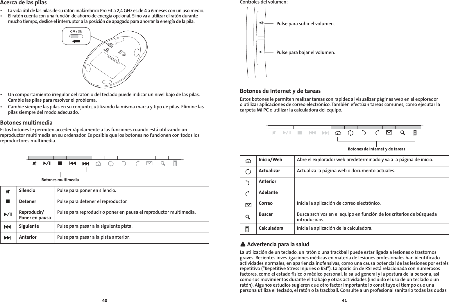 4041Acerca de las pilas• LavidaútildelaspilasdesuratóninalámbricoProFita2,4GHzesde4a6mesesconunusomedio.• Elratóncuentaconunafuncióndeahorrodeenergíaopcional.Sinovaautilizarelratóndurantemucho tiempo, deslice el interruptor a la posición de apagado para ahorrar la energía de la pila.OFF / ONOFF/ONCONNECT• Uncomportamientoirregulardelratónodeltecladopuedeindicarunnivelbajodelaspilas.Cambie las pilas para resolver el problema.• Cambiesiemprelaspilasensuconjunto,utilizandolamismamarcaytipodepilas.Eliminelaspilas siempre del modo adecuado.Botones multimediaEstos botones le permiten acceder rápidamente a las funciones cuando está utilizando un reproductor multimedia en su ordenador. Es posible que los botones no funcionen con todos los reproductores multimedia.Silencio Pulse para poner en silencio.Detener Pulse para detener el reproductor.Reproducir/ Poner en pausaPulse para reproducir o poner en pausa el reproductor multimedia.Siguiente Pulse para pasar a la siguiente pista.Anterior Pulse para pasar a la pista anterior.Botones multimediaControles del volumen:Botones de Internet y de tareasEstos botones le permiten realizar tareas con rapidez al visualizar páginas web en el explorador o utilizar aplicaciones de correo electrónico. También efectúan tareas comunes, como ejecutar la carpeta Mi PC o utilizar la calculadora del equipo.Inicio/Web Abre el explorador web predeterminado y va a la página de inicio.Actualizar Actualiza la página web o documento actuales.AnteriorAdelanteCorreo Inicia la aplicación de correo electrónico.Buscar Busca archivos en el equipo en función de los criterios de búsqueda introducidos.Calculadora Inicia la aplicación de la calculadora. Advertencia para la saludLa utilización de un teclado, un ratón o una trackball puede estar ligada a lesiones o trastornos graves. Recientes investigaciones médicas en materia de lesiones profesionales han identificado actividades normales, en apariencia inofensivas, como una causa potencial de las lesiones por estrés repetitivo (“Repetitive Stress Injuries o RSI”). La aparición de RSI está relacionada con numerosos factores, como el estado físico o médico personal, la salud general y la postura de la persona, así como sus movimientos durante el trabajo y otras actividades (incluido el uso de un teclado o un ratón). Algunos estudios sugieren que otro factor importante lo constituye el tiempo que una persona utiliza el teclado, el ratón o la trackball. Consulte a un profesional sanitario todas las dudas Botones de Internet y de tareasPulse para subir el volumen.Pulse para bajar el volumen.