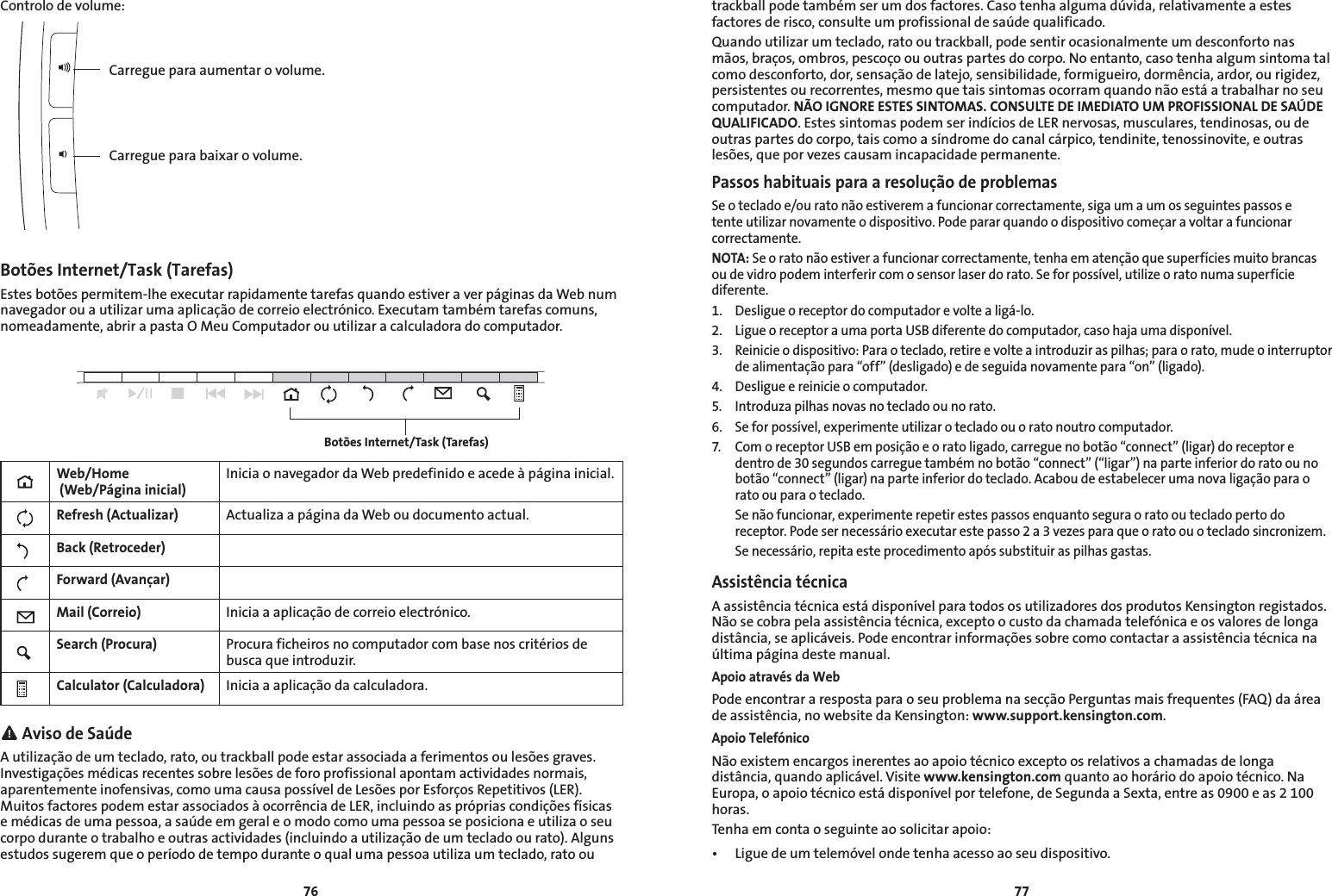 7677Controlo de volume:Botões Internet/Task (Tarefas)Estes botões permitem-lhe executar rapidamente tarefas quando estiver a ver páginas da Web num navegador ou a utilizar uma aplicação de correio electrónico. Executam também tarefas comuns, nomeadamente, abrir a pasta O Meu Computador ou utilizar a calculadora do computador.Web/Home  (Web/Página inicial)Inicia o navegador da Web predefinido e acede à página inicial.Refresh (Actualizar) Actualiza a página da Web ou documento actual.Back (Retroceder)Forward (Avançar)Mail (Correio) Inicia a aplicação de correio electrónico.Search (Procura) Procura ficheiros no computador com base nos critérios de busca que introduzir.Calculator (Calculadora) Inicia a aplicação da calculadora. Aviso de SaúdeA utilização de um teclado, rato, ou trackball pode estar associada a ferimentos ou lesões graves. Investigações médicas recentes sobre lesões de foro profissional apontam actividades normais, aparentemente inofensivas, como uma causa possível de Lesões por Esforços Repetitivos (LER). Muitos factores podem estar associados à ocorrência de LER, incluindo as próprias condições físicas e médicas de uma pessoa, a saúde em geral e o modo como uma pessoa se posiciona e utiliza o seu corpo durante o trabalho e outras actividades (incluindo a utilização de um teclado ou rato). Alguns estudos sugerem que o período de tempo durante o qual uma pessoa utiliza um teclado, rato ou Botões Internet/Task (Tarefas)Carregue para aumentar o volume.Carregue para baixar o volume.trackball pode também ser um dos factores. Caso tenha alguma dúvida, relativamente a estes factores de risco, consulte um profissional de saúde qualificado.Quando utilizar um teclado, rato ou trackball, pode sentir ocasionalmente um desconforto nas mãos, braços, ombros, pescoço ou outras partes do corpo. No entanto, caso tenha algum sintoma tal como desconforto, dor, sensação de latejo, sensibilidade, formigueiro, dormência, ardor, ou rigidez, persistentes ou recorrentes, mesmo que tais sintomas ocorram quando não está a trabalhar no seu computador. NÃO IGNORE ESTES SINTOMAS. CONSULTE DE IMEDIATO UM PROFISSIONAL DE SAÚDE QUALIFICADO. Estes sintomas podem ser indícios de LER nervosas, musculares, tendinosas, ou de outras partes do corpo, tais como a síndrome do canal cárpico, tendinite, tenossinovite, e outras lesões, que por vezes causam incapacidade permanente.Passos habituais para a resolução de problemasSe o teclado e/ou rato não estiverem a funcionar correctamente, siga um a um os seguintes passos e tente utilizar novamente o dispositivo. Pode parar quando o dispositivo começar a voltar a funcionar correctamente.NOTA: Se o rato não estiver a funcionar correctamente, tenha em atenção que superfícies muito brancas ou de vidro podem interferir com o sensor laser do rato. Se for possível, utilize o rato numa superfície diferente.1.  Desligue o receptor do computador e volte a ligá-lo.2.  Ligue o receptor a uma porta USB diferente do computador, caso haja uma disponível.3.  Reinicie o dispositivo: Para o teclado, retire e volte a introduzir as pilhas; para o rato, mude o interruptor de alimentação para “off” (desligado) e de seguida novamente para “on” (ligado).4.  Desligue e reinicie o computador.5.  Introduza pilhas novas no teclado ou no rato.6.   Se for possível, experimente utilizar o teclado ou o rato noutro computador.7.  Com o receptor USB em posição e o rato ligado, carregue no botão “connect” (ligar) do receptor e dentro de 30 segundos carregue também no botão “connect” (“ligar”) na parte inferior do rato ou no botão “connect” (ligar) na parte inferior do teclado. Acabou de estabelecer uma nova ligação para o rato ou para o teclado.  Se não funcionar, experimente repetir estes passos enquanto segura o rato ou teclado perto do receptor. Pode ser necessário executar este passo 2 a 3 vezes para que o rato ou o teclado sincronizem.  Se necessário, repita este procedimento após substituir as pilhas gastas.Assistência técnicaA assistência técnica está disponível para todos os utilizadores dos produtos Kensington registados. Não se cobra pela assistência técnica, excepto o custo da chamada telefónica e os valores de longa distância, se aplicáveis. Pode encontrar informações sobre como contactar a assistência técnica na última página deste manual.Apoio através da WebPode encontrar a resposta para o seu problema na secção Perguntas mais frequentes (FAQ) da área de assistência, no website da Kensington: www.support.kensington.com.Apoio TelefónicoNão existem encargos inerentes ao apoio técnico excepto os relativos a chamadas de longa distância, quando aplicável. Visite www.kensington.com quanto ao horário do apoio técnico. Na Europa, o apoio técnico está disponível por telefone, de Segunda a Sexta, entre as 0900 e as 2 100 horas.Tenha em conta o seguinte ao solicitar apoio:• Liguedeumtelemóvelondetenhaacessoaoseudispositivo.