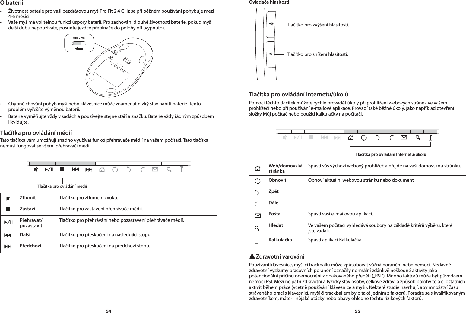 5455O baterii• ŽivotnostbaterieprovašibezdrátovoumyšProFit2.4GHzsepřiběžnémpoužívánípohybujemezi4-6 měsíci.• Vašemyšmávolitelnoufunkciúsporybaterií.Prozachovánídlouhéživotnostibaterie,pokudmyšdelší dobu nepoužíváte, posuňte jezdce přepínače do polohy off (vypnuto).OFF / ONOFF/ONCONNECT• Chybnéchovánípohybmyšineboklávesnicemůžeznamenatnízkýstavnabitíbaterie.Tentoproblém vyřešíte výměnou baterií.• Baterievyměňujtevždyvsadáchapoužívejtestejnéstáříaznačku.Baterievždyřádnýmzpůsobemlikvidujte.Tlačítka pro ovládání médiíTato tlačítka vám umožňují snadno využívat funkcí přehrávače médií na vašem počítači. Tato tlačítka nemusí fungovat se všemi přehrávači médií.Ztlumit Tlačítko pro ztlumení zvuku.Zastavi Tlačítko pro zastavení přehrávače médií.Přehrávat/ pozastavitTlačítko pro přehrávání nebo pozastavení přehrávače médií.Další Tlačítko pro přeskočení na následující stopu.Předchozí Tlačítko pro přeskočení na předchozí stopu.Tlačítka pro ovládání mediíOvladače hlasitosti:Tlačítka pro ovládání Internetu/úkolůPomocí těchto tlačítek můžete rychle provádět úkoly při prohlížení webových stránek ve vašem prohlížeči nebo při používání e-mailové aplikace. Provádí také běžné úkoly, jako například otevření složky Můj počítač nebo použití kalkulačky na počítači.Web/domovská stránkaSpustí váš výchozí webový prohlížeč a přejde na vaši domovskou stránku.Obnovit Obnoví aktuální webovou stránku nebo dokumentZpětDálePošta Spustí vaši e-mailovou aplikaci.Hledat Ve vašem počítači vyhledává soubory na základě kritérií výběru, které  jste zadali.Kalkulačka Spustí aplikaci Kalkulačka. Zdravotní varováníPoužívání klávesnice, myši či trackballu může způsobovat vážná poranění nebo nemoci. Nedávné zdravotní výzkumy pracovních poranění označily normální zdánlivě neškodné aktivity jako potencionální příčinu onemocnění z opakovaného přepětí („RSI“). Mnoho faktorů může být původcem nemoci RSI. Mezi ně patří zdravotní a fyzický stav osoby, celkové zdraví a způsob polohy těla či ostatních aktivit během práce (včetně používání klávesnice a myši). Některé studie navrhují, aby množství času stráveného prací s klávesnicí, myší či trackballem bylo také jedním z faktorů. Poraďte se s kvalifikovaným zdravotníkem, máte-li nějaké otázky nebo obavy ohledně těchto rizikových faktorů.Tlačítka pro ovládání Internetu/úkolůTlačítko pro zvýšení hlasitosti.Tlačítko pro snížení hlasitosti.