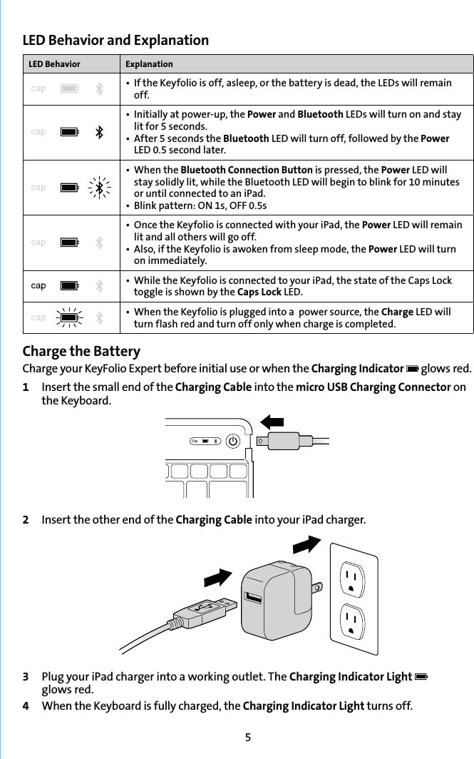 5LED Behavior and Explanation LED Behavior Explanationt *GUIF,FZGPMJPJTPGGBTMFFQPSUIFCBUUFSZJTEFBEUIF-&amp;%TXJMMSFNBJOoff.t *OJUJBMMZBUQPXFSVQUIFPower and Bluetooth LEDs will turn on and stay lit for 5 seconds.t &quot;GUFSTFDPOETUIFBluetooth LED will turn off, followed by the Power LED 0.5 second later.t 8IFOUIFBluetooth Connection Button is pressed, the Power LED will stay solidly lit, while the Bluetooth LED will begin to blink for 10 minutes or until connected to an iPad.t #MJOLQBUUFSO0/T0&apos;&apos;Tt 0ODFUIF,FZGPMJPJTDPOOFDUFEXJUIZPVSJ1BEUIFPower LED will remain lit and all others will go off.t &quot;MTPJGUIF,FZGPMJPJTBXPLFOGSPNTMFFQNPEFUIFPower LED will turn on immediately.t 8IJMFUIF,FZGPMJPJTDPOOFDUFEUPZPVSJ1BEUIFTUBUFPGUIF$BQT-PDLtoggle is shown by the Caps Lock LED.t 8IFOUIF,FZGPMJPJTQMVHHFEJOUPBQPXFSTPVSDFUIFCharge LED will turn flash red and turn off only when charge is completed.Charge the Battery Charge your KeyFolio Expert before initial use or when the Charging Indicator   glows red.1  Insert the small end of the Charging Cable into the micro USB Charging Connector on the Keyboard.2  Insert the other end of the Charging Cable into your iPad charger.3  Plug your iPad charger into a working outlet. The Charging Indicator Light    glows red.4  When the Keyboard is fully charged, the Charging Indicator Light turns off.