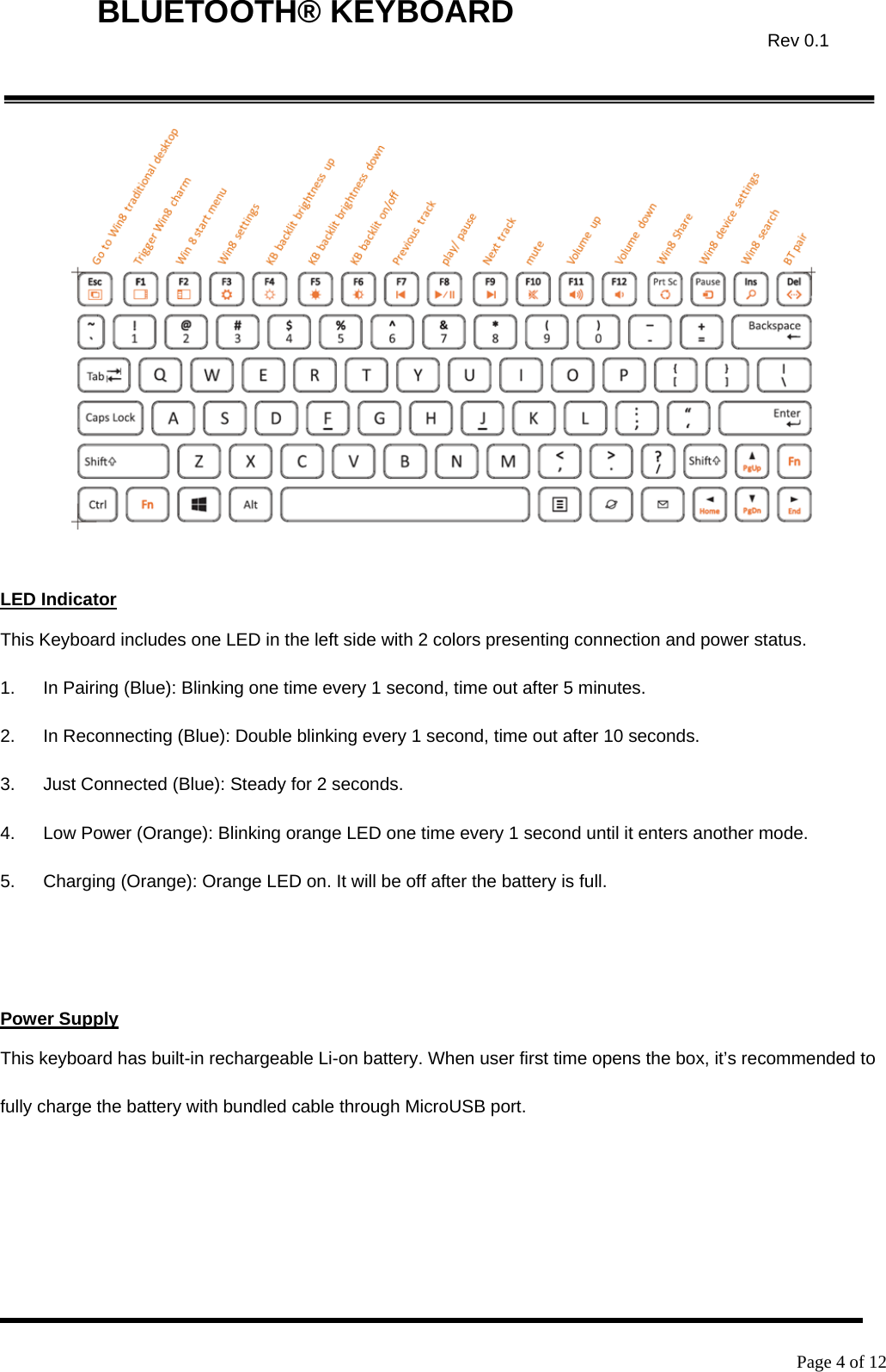    Page 4 of 12  BLUETOOTH® KEYBOARD  Rev 0.1  LED Indicator This Keyboard includes one LED in the left side with 2 colors presenting connection and power status. 1.  In Pairing (Blue): Blinking one time every 1 second, time out after 5 minutes. 2.  In Reconnecting (Blue): Double blinking every 1 second, time out after 10 seconds. 3.  Just Connected (Blue): Steady for 2 seconds. 4.  Low Power (Orange): Blinking orange LED one time every 1 second until it enters another mode.   5.  Charging (Orange): Orange LED on. It will be off after the battery is full.   Power Supply This keyboard has built-in rechargeable Li-on battery. When user first time opens the box, it’s recommended to fully charge the battery with bundled cable through MicroUSB port.   