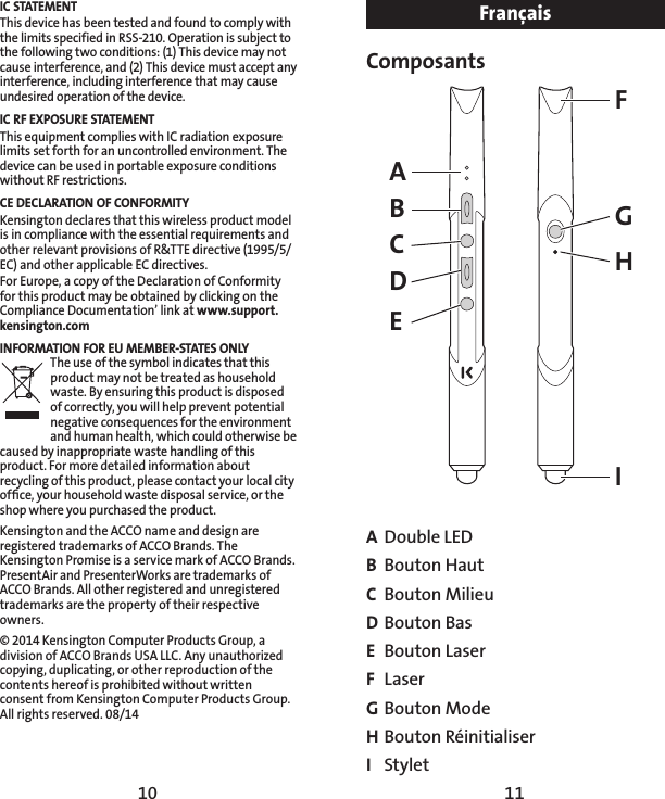 10 11FrançaisComposantsAGFIHBCDEA  Double LEDB  Bouton HautC  Bouton MilieuD Bouton BasE  Bouton LaserF LaserG Bouton ModeH Bouton RéinitialiserI  StyletIC STATEMENTThis device has been tested and found to comply with the limits specified in RSS-210. Operation is subject to the following two conditions: (1) This device may not cause interference, and (2) This device must accept any interference, including interference that may cause undesired operation of the device.IC RF EXPOSURE STATEMENTThis equipment complies with IC radiation exposure limits set forth for an uncontrolled environment. The device can be used in portable exposure conditions without RF restrictions. CE DECLARATION OF CONFORMITYKensington declares that this wireless product model is in compliance with the essential requirements and other relevant provisions of R&amp;TTE directive (1995/5/EC) and other applicable EC directives.For Europe, a copy of the Declaration of Conformity for this product may be obtained by clicking on the Compliance Documentation’ link at www.support.kensington.comINFORMATION FOR EU MEMBER-STATES ONLYThe use of the symbol indicates that this product may not be treated as household waste. By ensuring this product is disposed of correctly, you will help prevent potential negative consequences for the environment and human health, which could otherwise be caused by inappropriate waste handling of this product. For more detailed information about recycling of this product, please contact your local city ofﬁce, your household waste disposal service, or the shop where you purchased the product.Kensington and the ACCO name and design are registered trademarks of ACCO Brands. The Kensington Promise is a service mark of ACCO Brands. PresentAir and PresenterWorks are trademarks of ACCO Brands. All other registered and unregistered trademarks are the property of their respective owners.© 2014 Kensington Computer Products Group, a division of ACCO Brands USA LLC. Any unauthorized copying, duplicating, or other reproduction of the contents hereof is prohibited without written consent from Kensington Computer Products Group. All rights reserved. 08/14